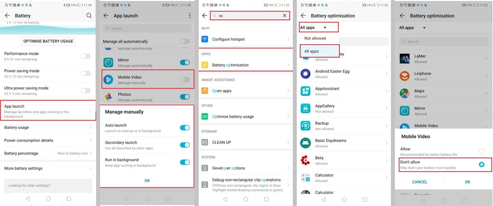 Smartphone settings example Honor 10