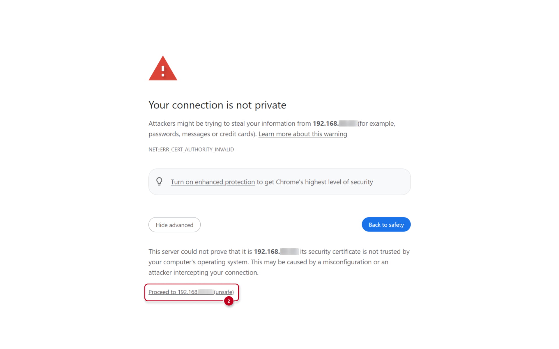 Chrome connection not private 2N device web interface