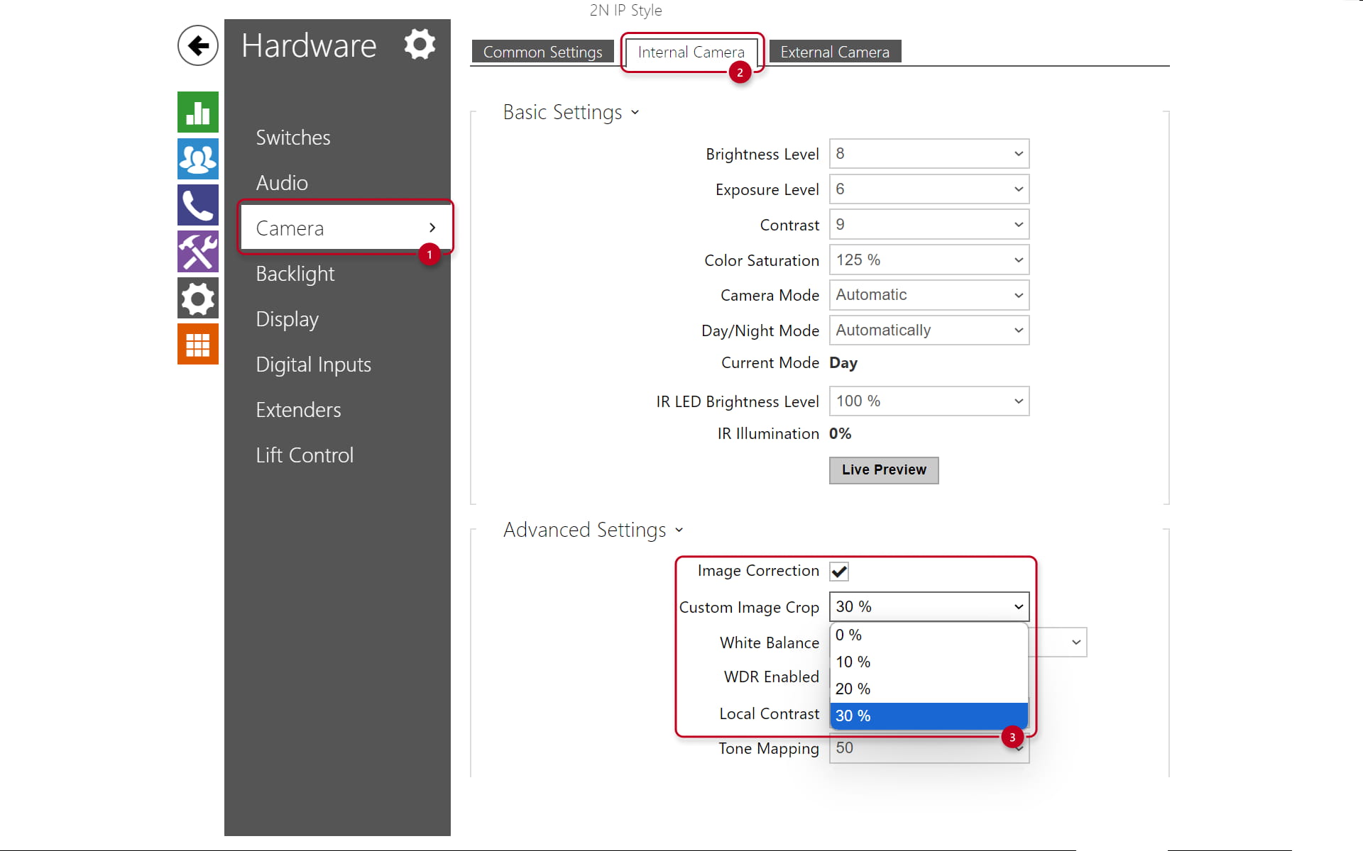Settings of camera image crop in 2N IP Style