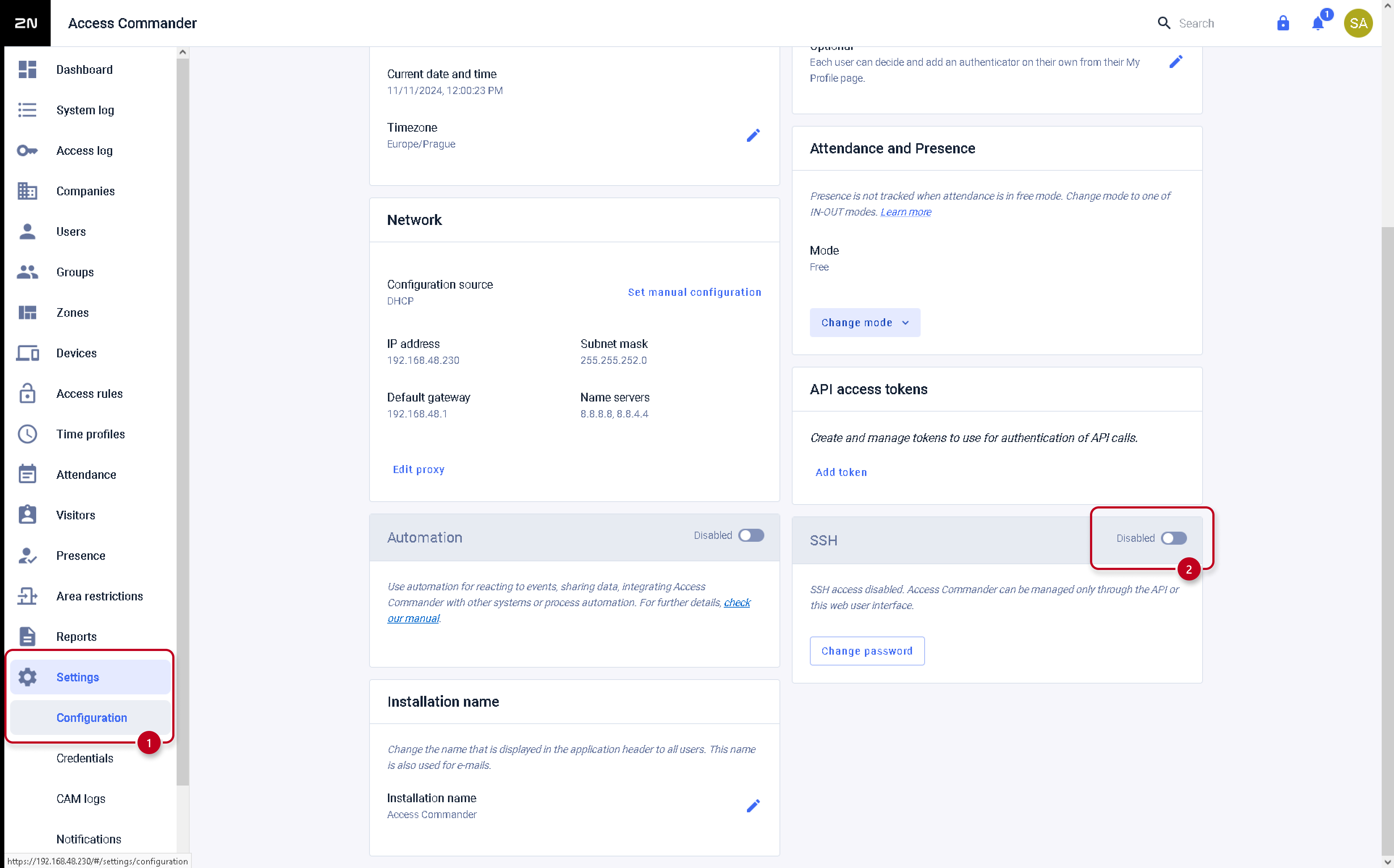 Image showing where to find SSH settings in Access Commander