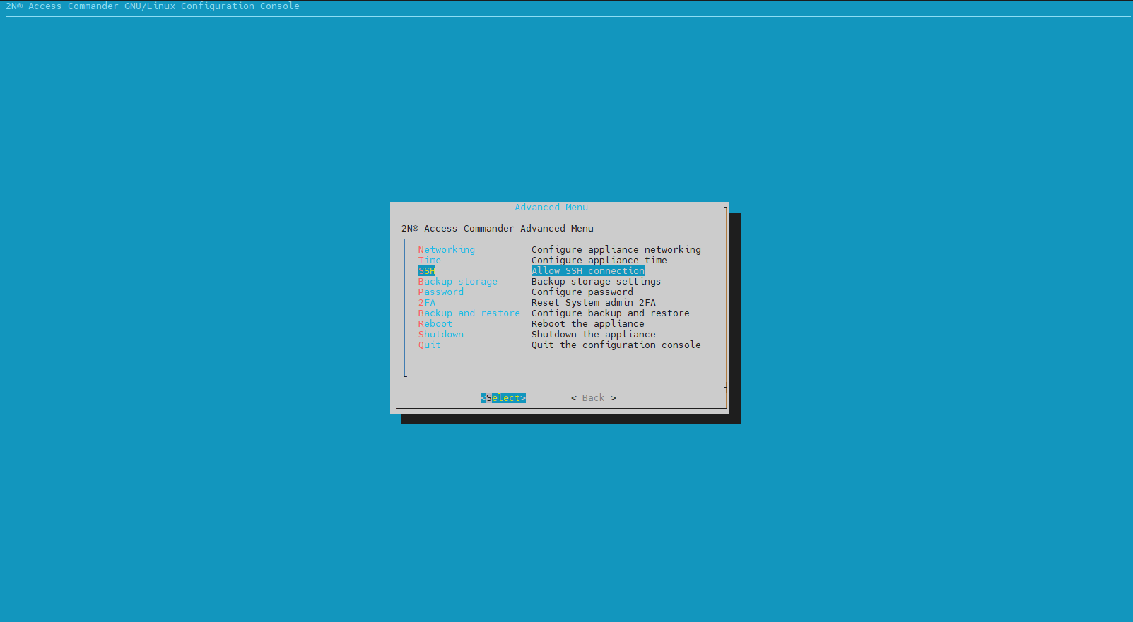 Image showing Access Commander's Linux console settings