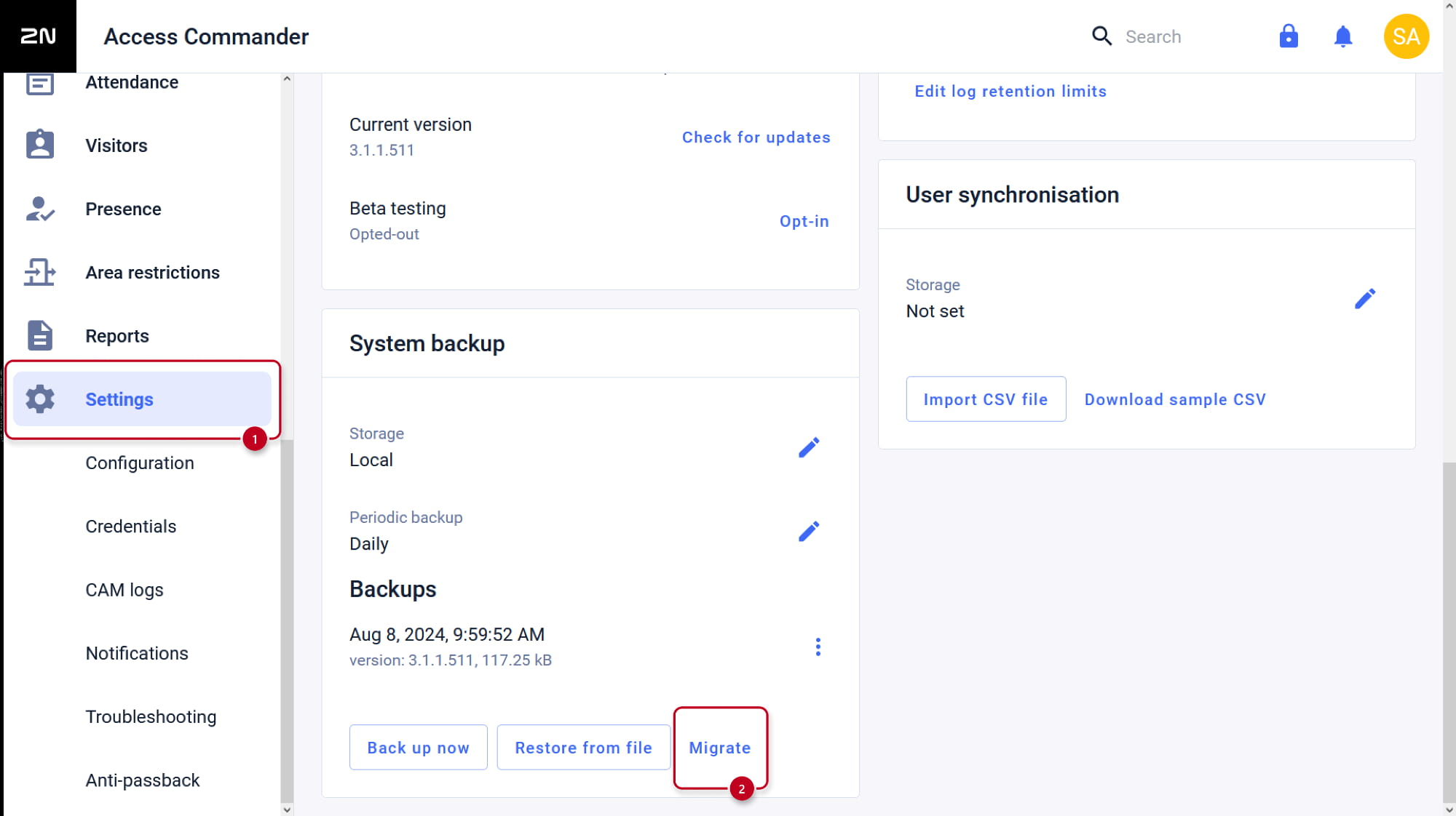 2N Access Commander - Settings - System backup - Migrate