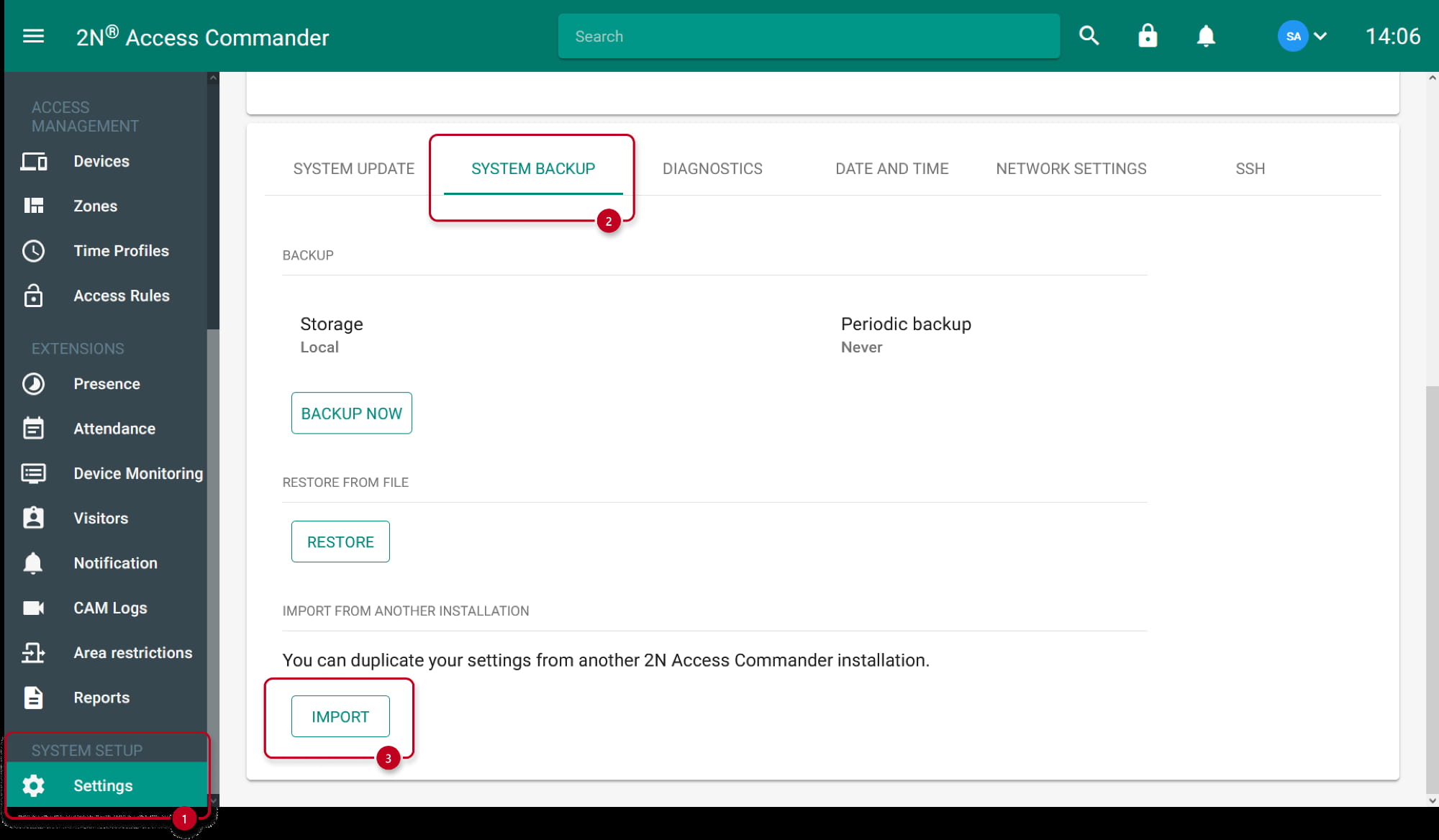 2N Access Commander - Settings - System backup - Import