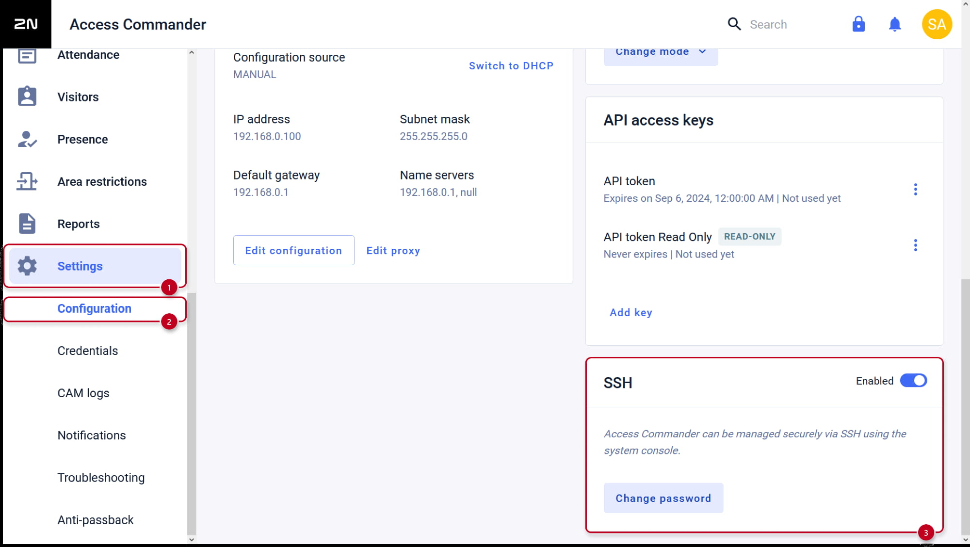 2N Access Commander - Settings - Configuration - Enable SSH