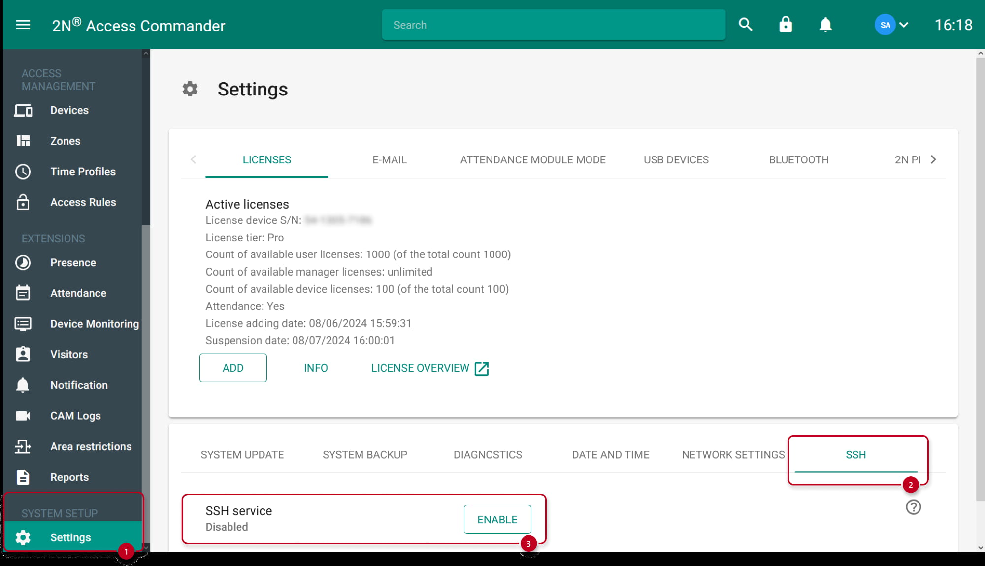 2N Access Commander - Settings - SSH - Enable SSH