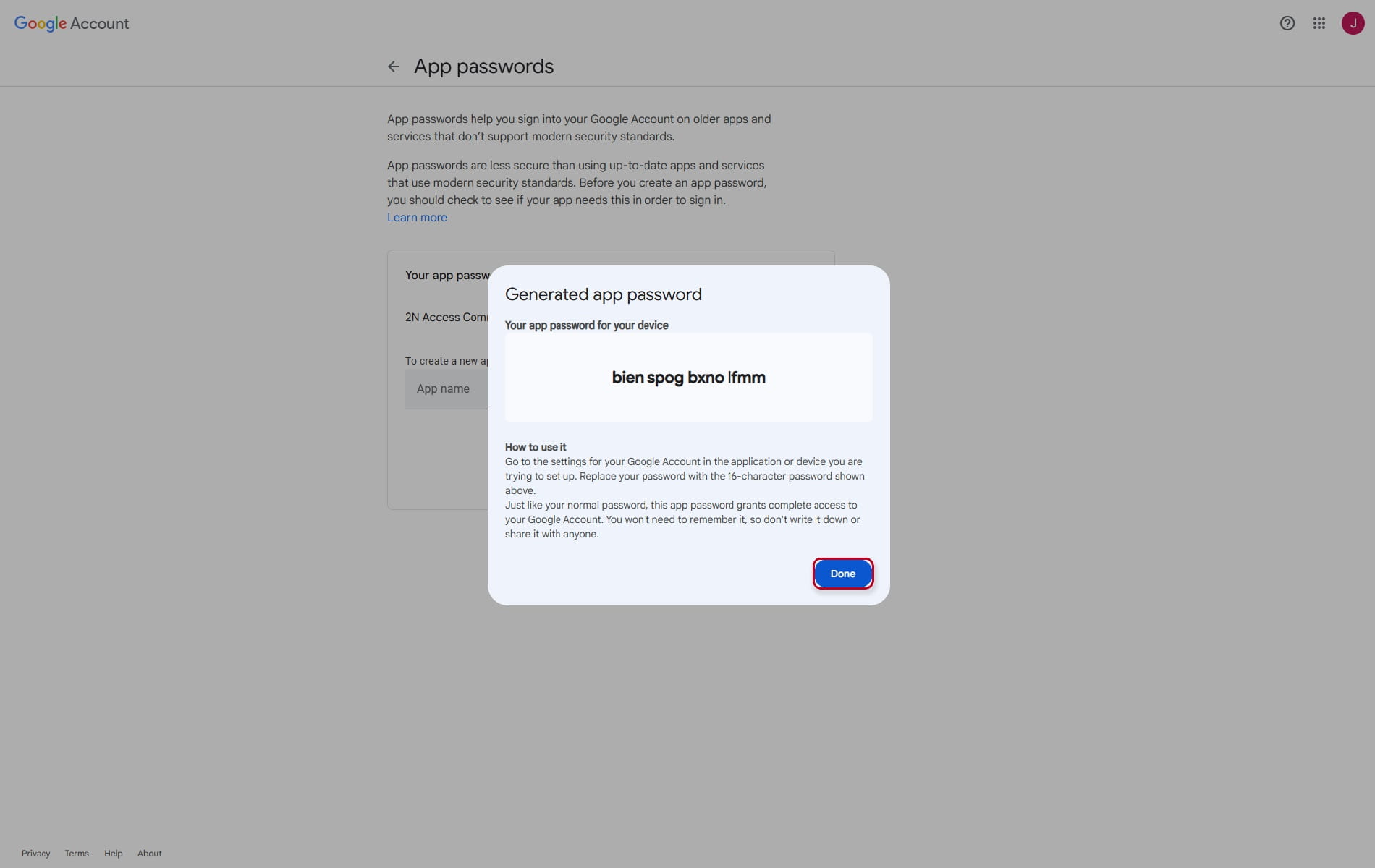The generated app password
