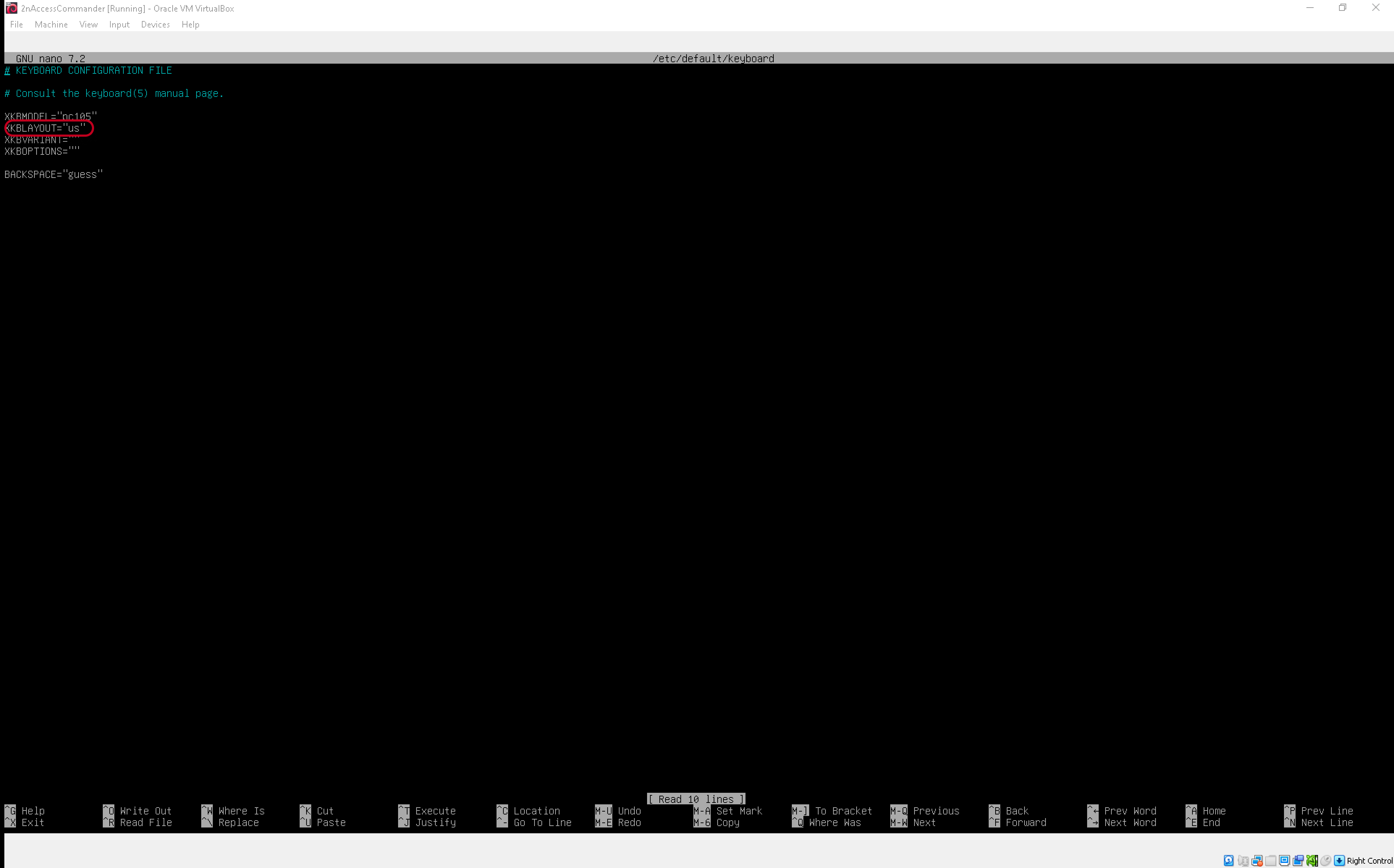 Image showing how to setup keyboard layout in Linux of Access Commander