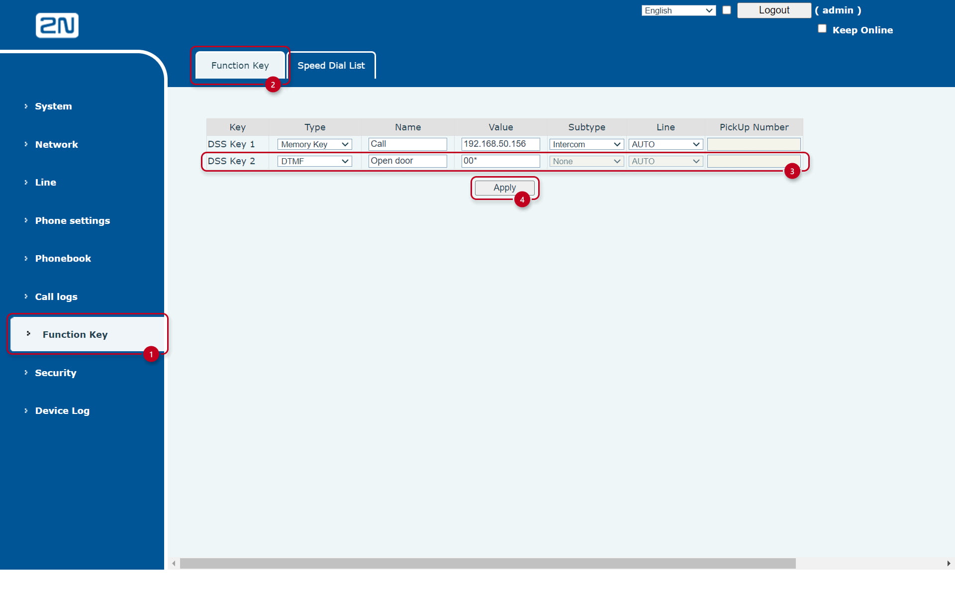 2N IP Handset OS unlocking button settings