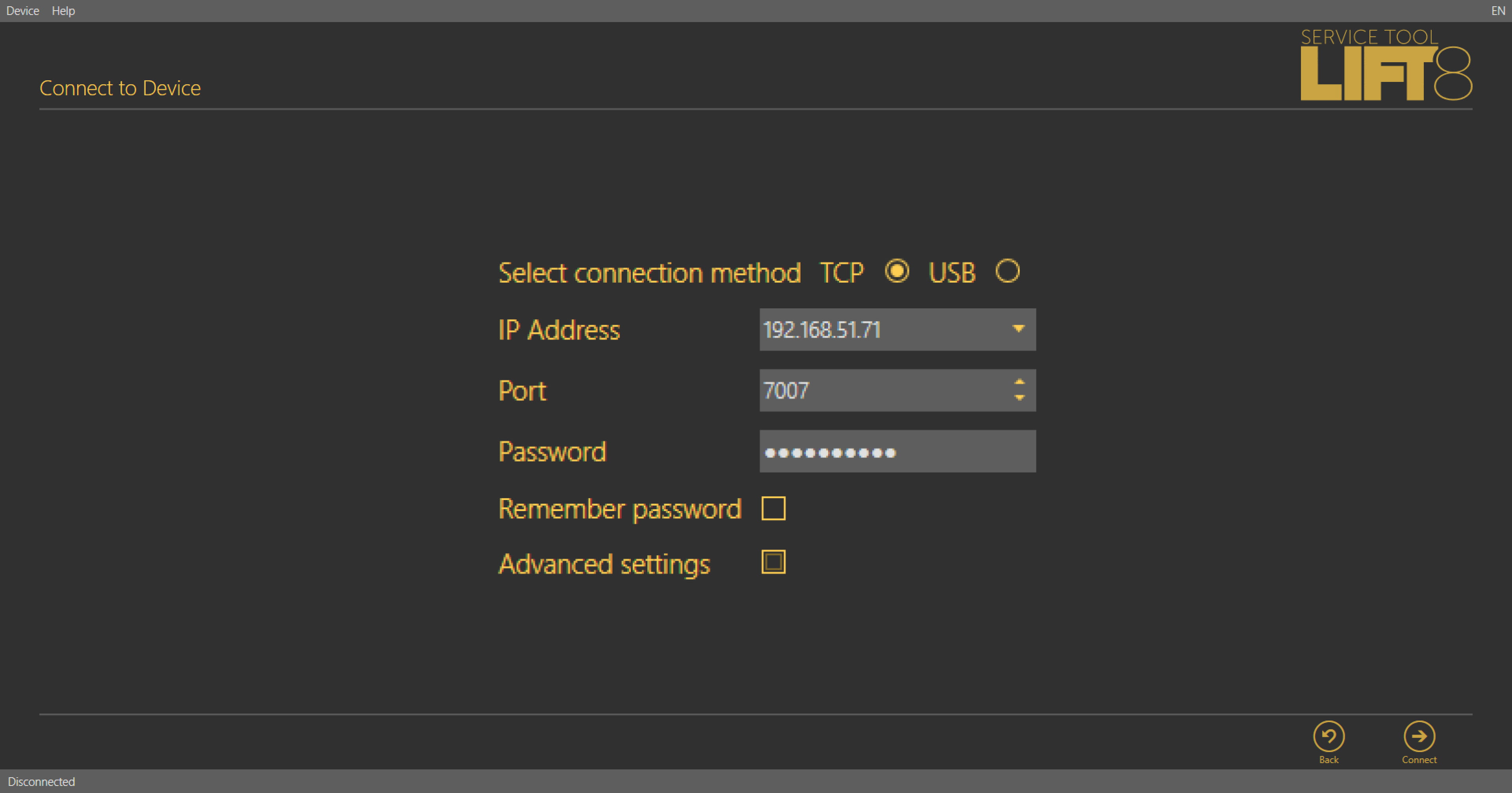Connecting to the lift8 service tool
