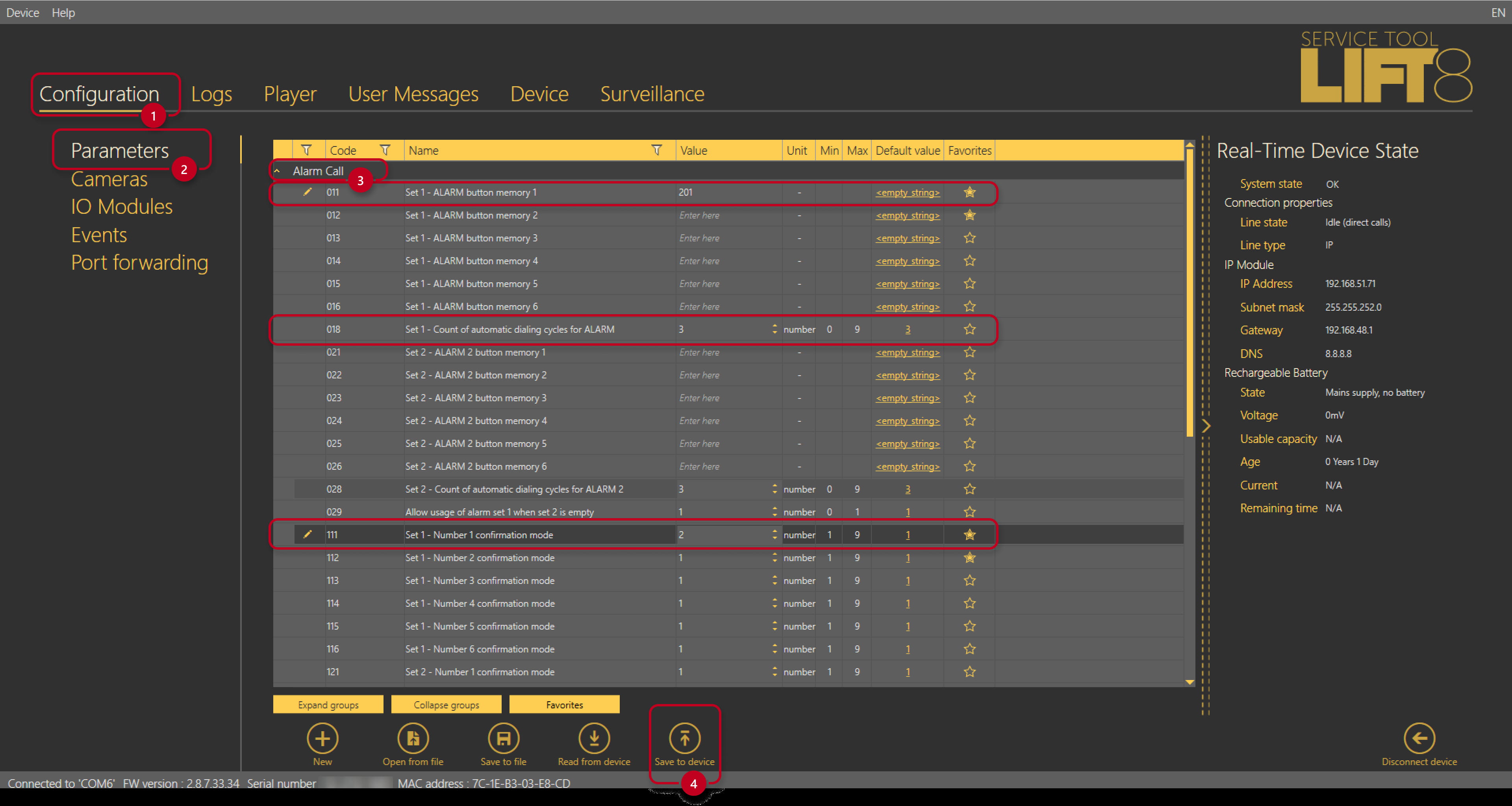Lift8 alarm call parameters