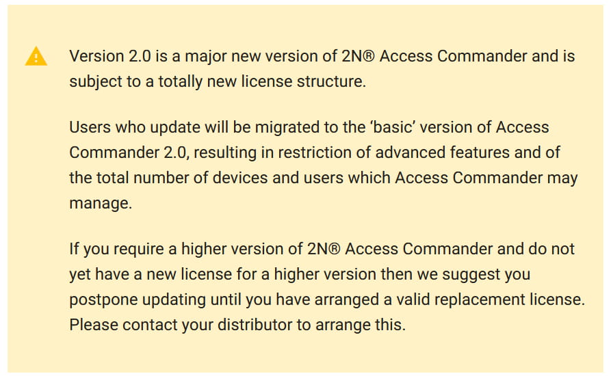 2N Access Commander - message during updating to 2.0