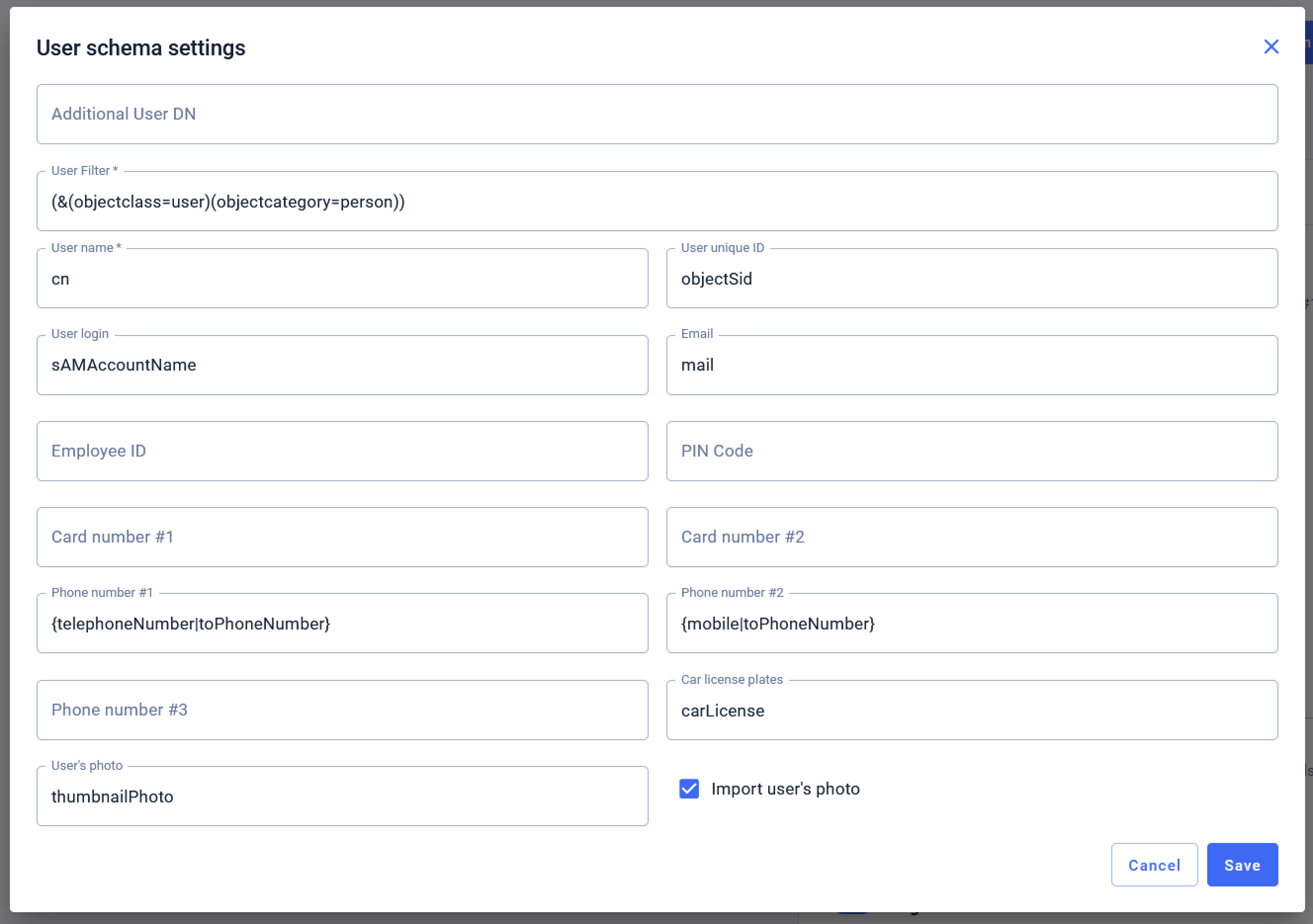2N Access Commander - Companies - User synchronization - User schema settings