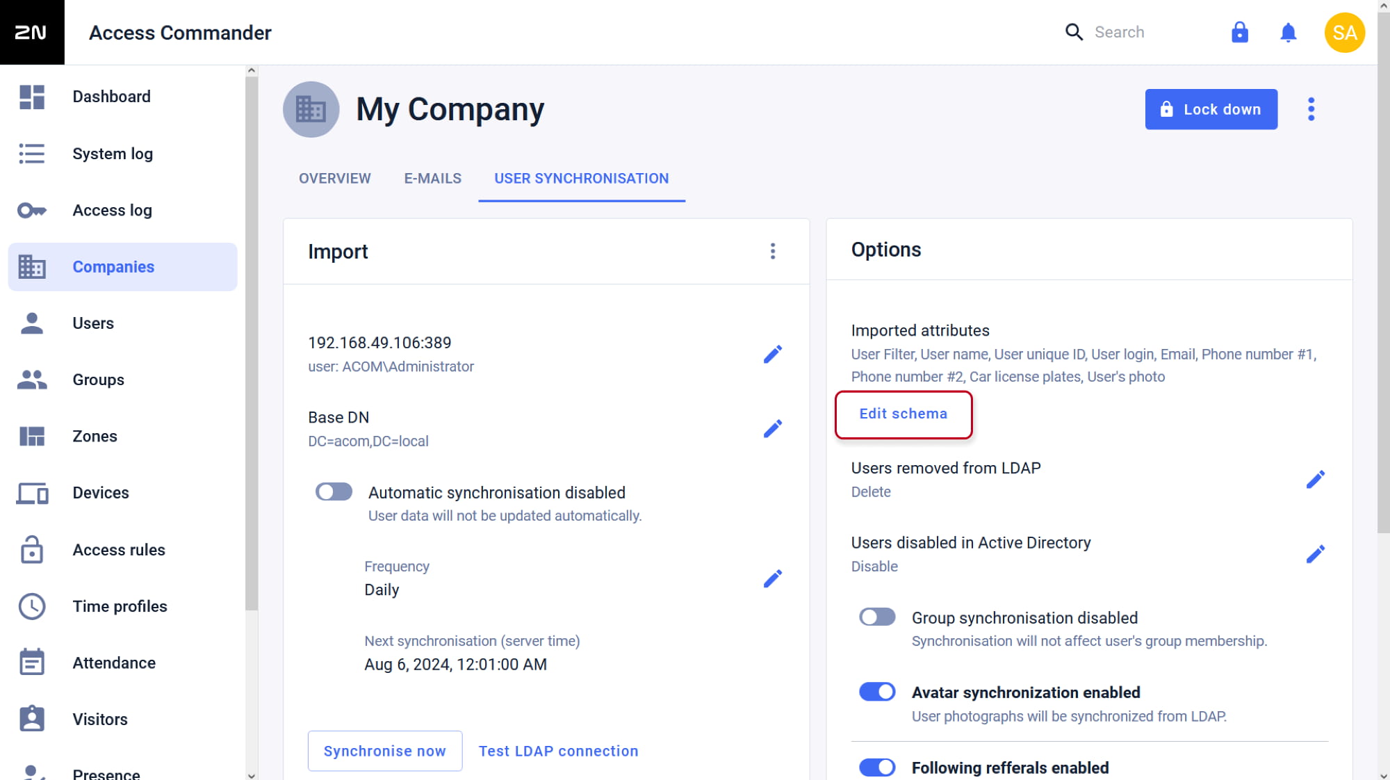 2N Access Commander - Companies - User synchronization - Imported attributes