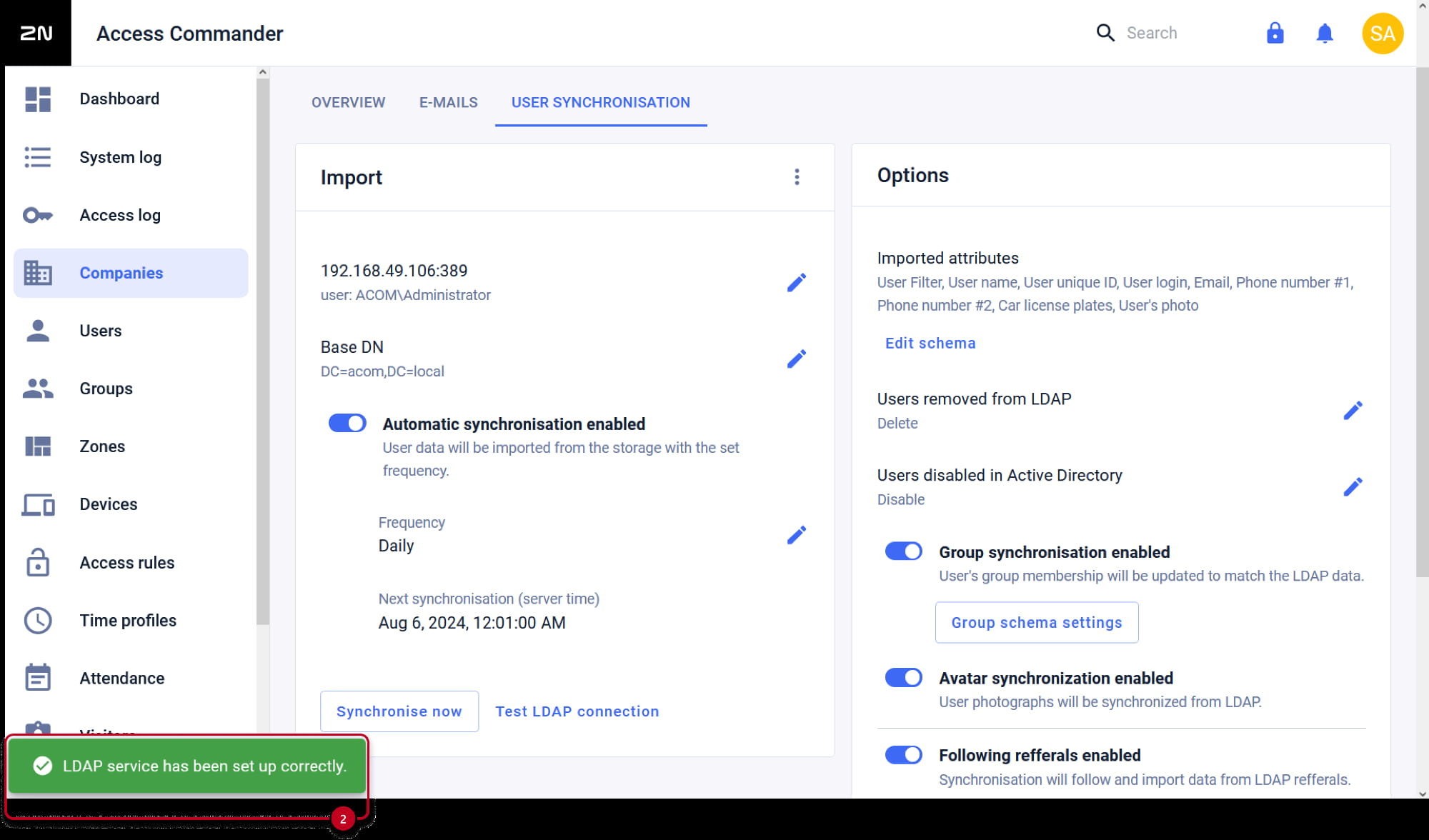 2N Access Commander - Companies - User synchronization - Test LDAP connection - LDAP set correctly