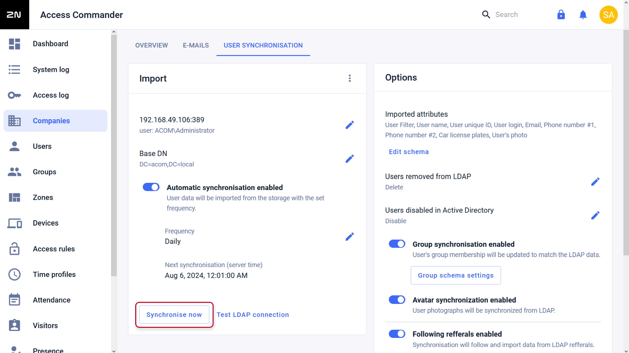 2N Access Commander - Companies - User synchronization - Synchronize now