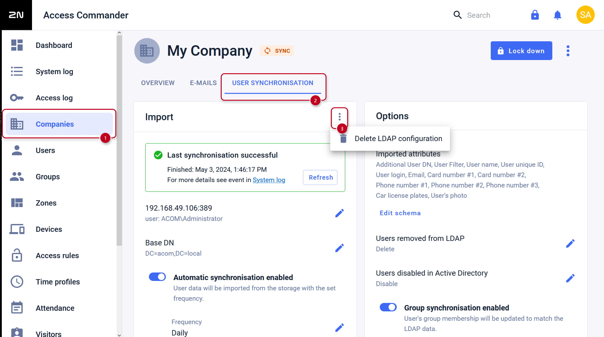 2N Access Commander - Companies - User synchronisation - Delete LDAP