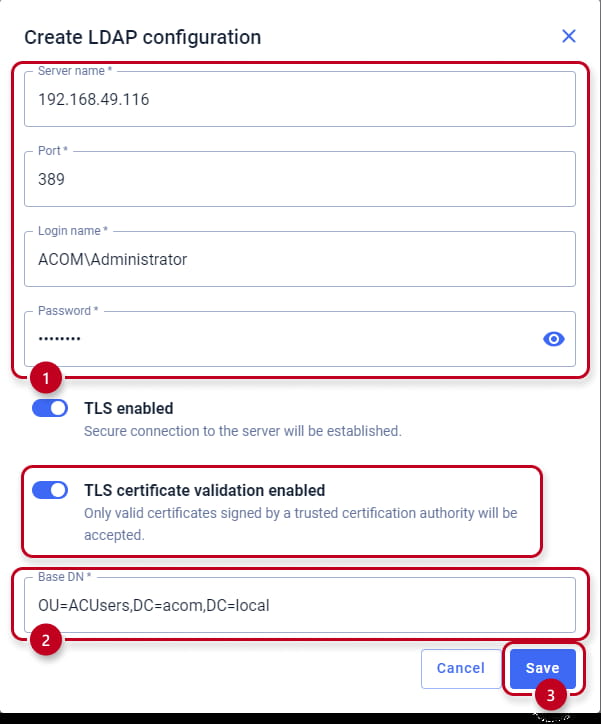LDAP parameters with TLS certificate