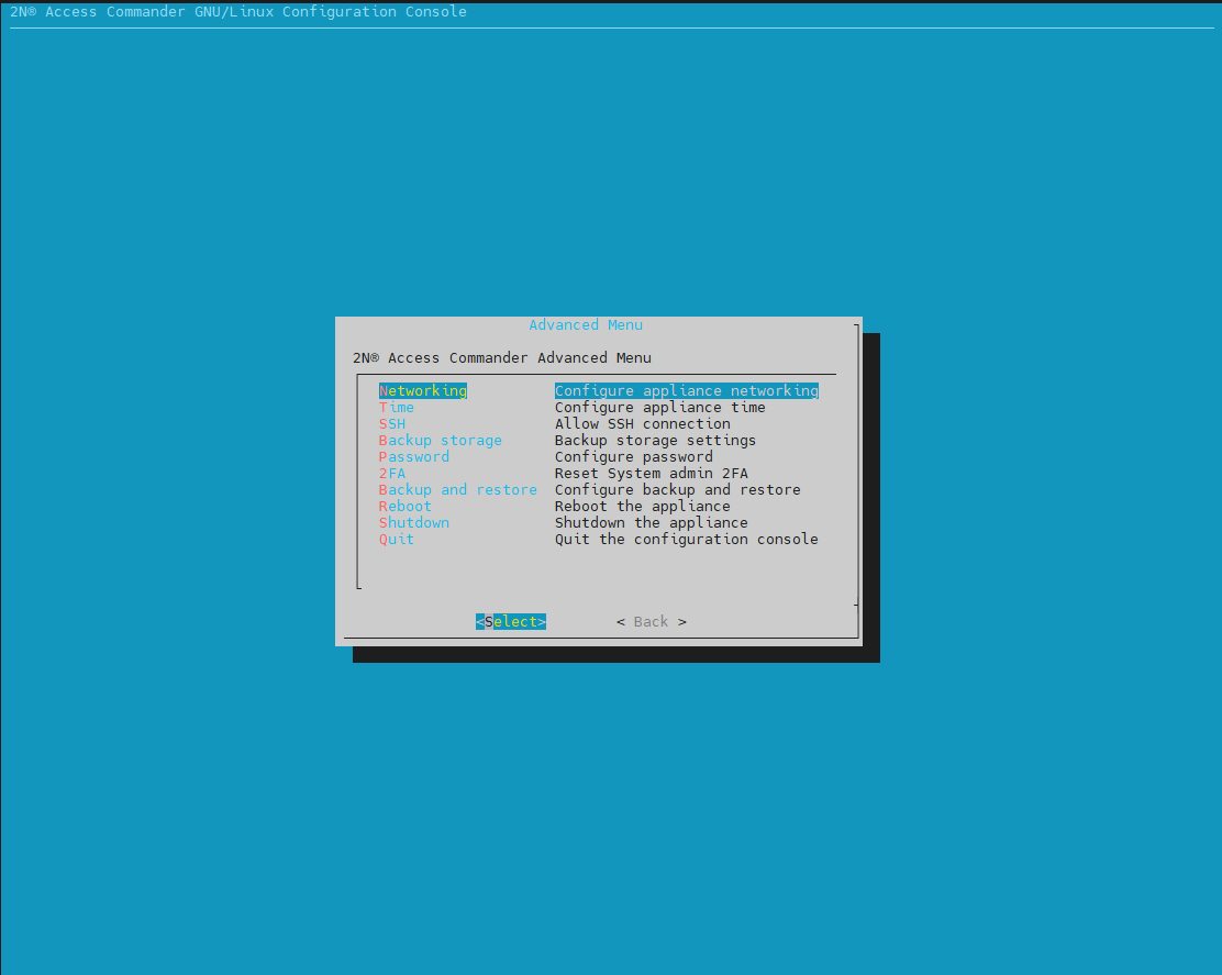 Image showing Access Commander's Linux console settings