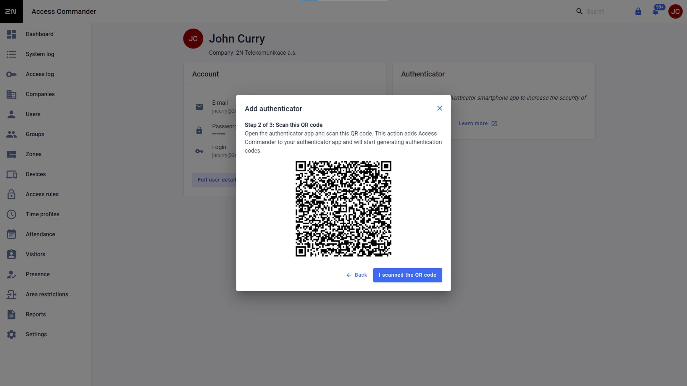 Image from series, which shows where to set 2FA as any user in 2N Access Commander