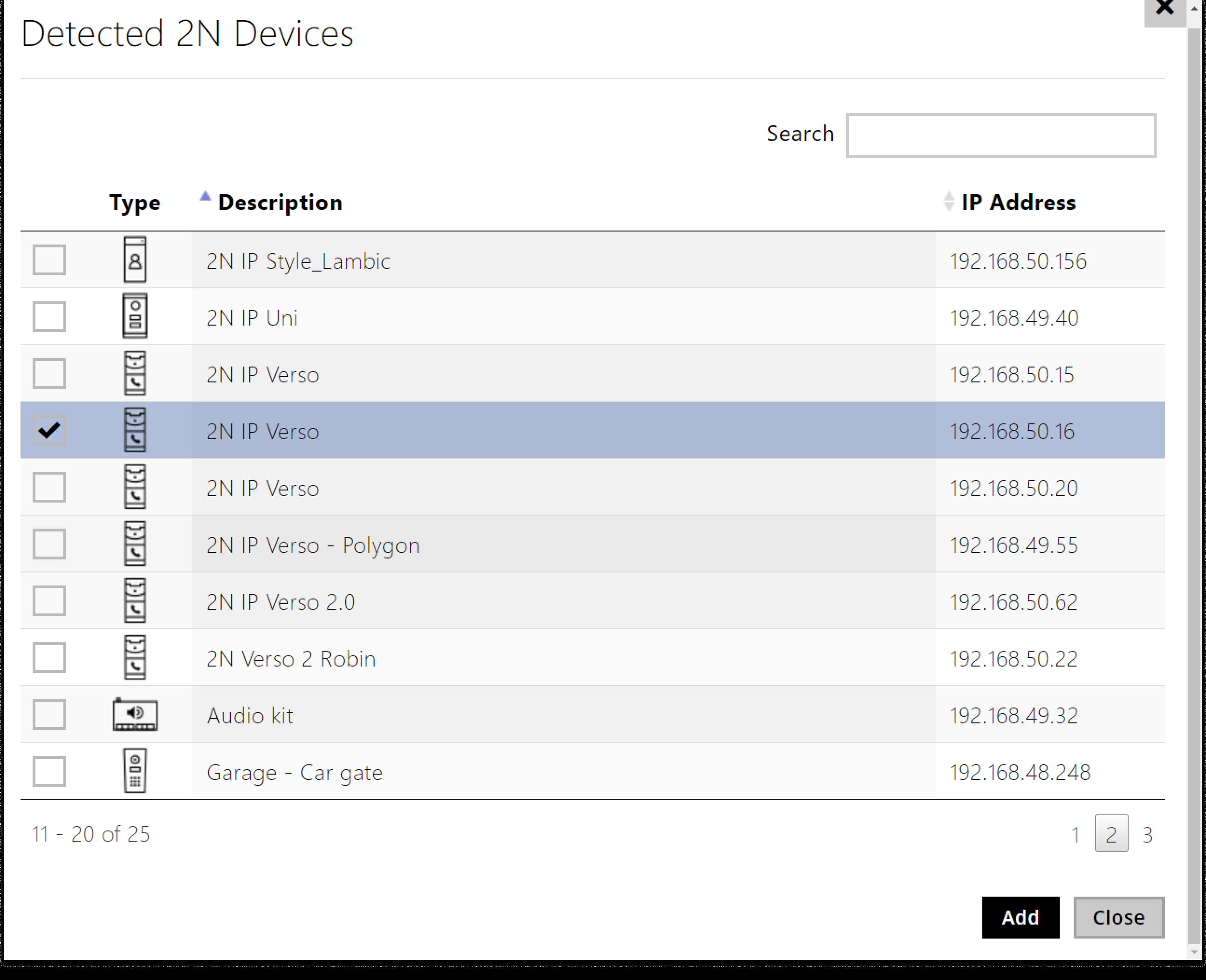 List of detected devices