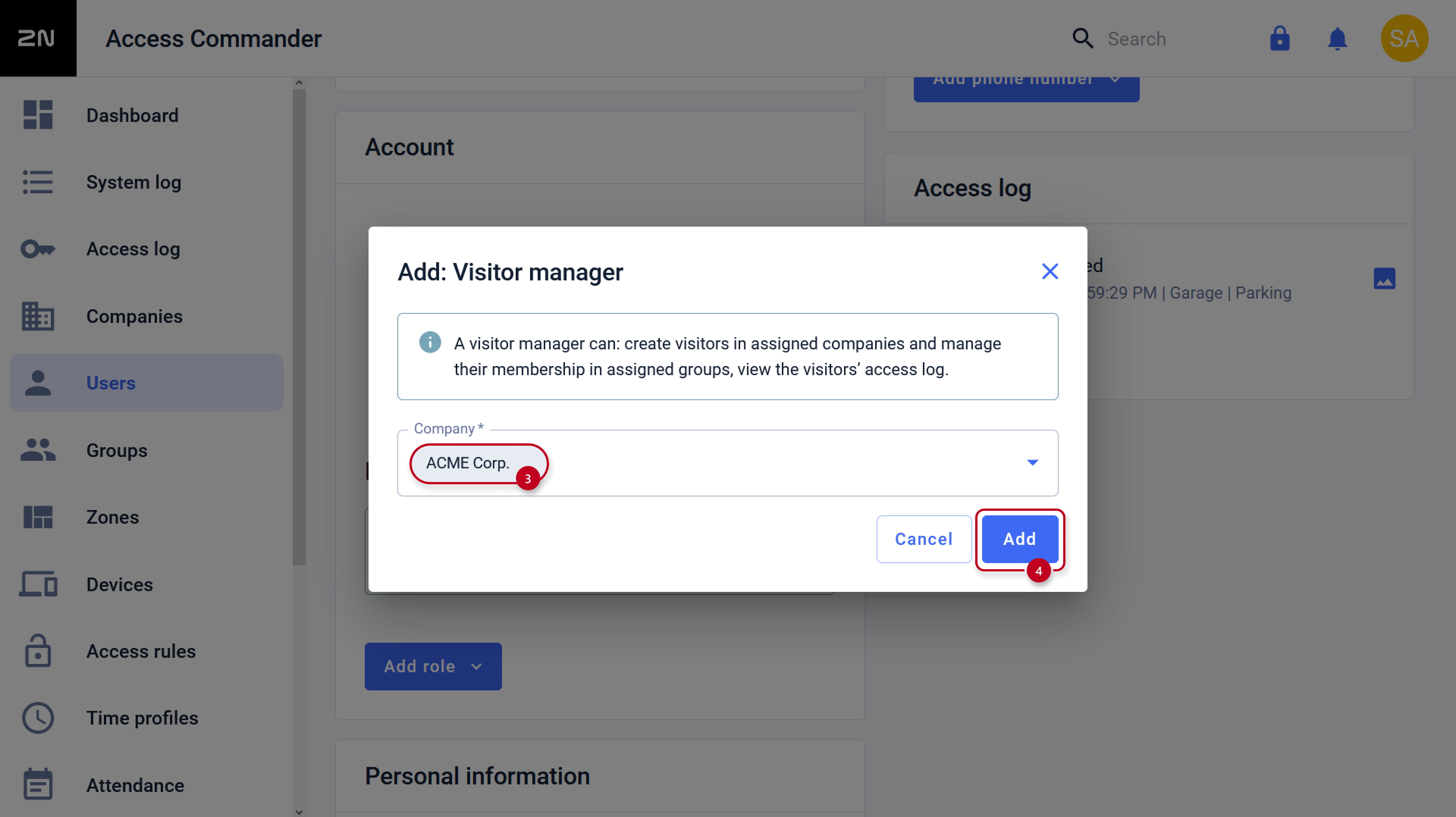 2N Access Commander - Users - User - Add role - Visitor manager - assigned company