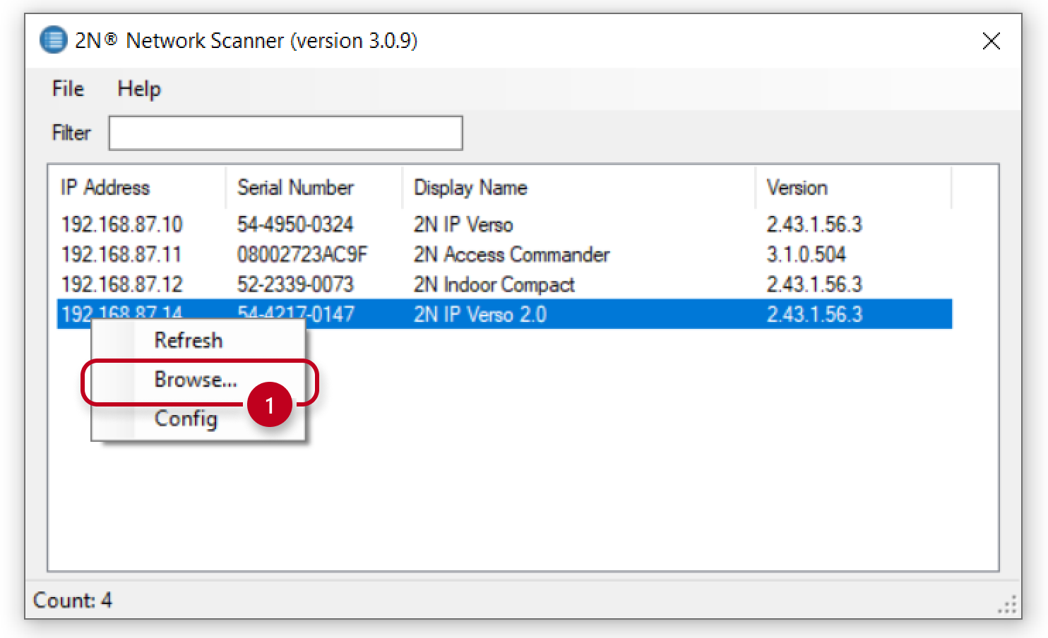 2N Network Scanner - browse web configuration by R-click menu