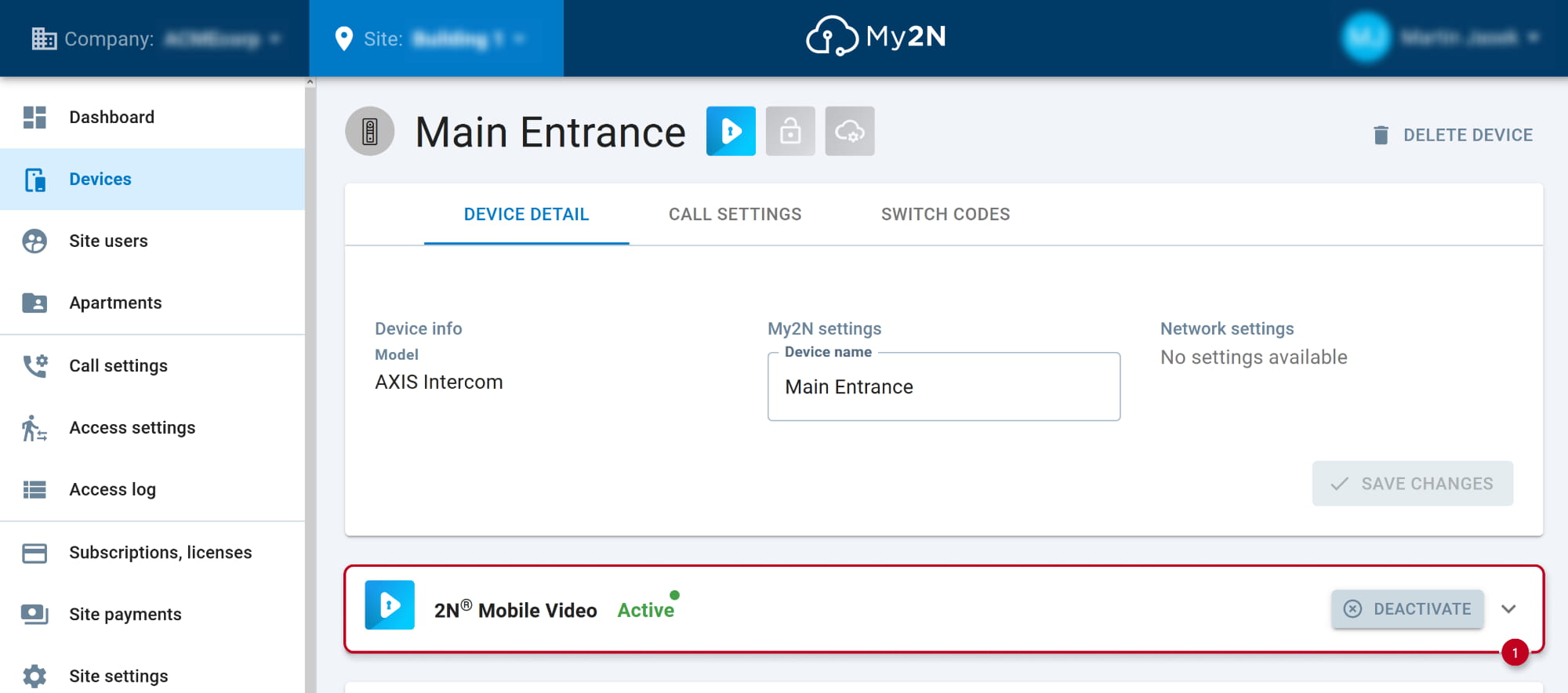 Axis network intercom in My2N - open Mobile Video section