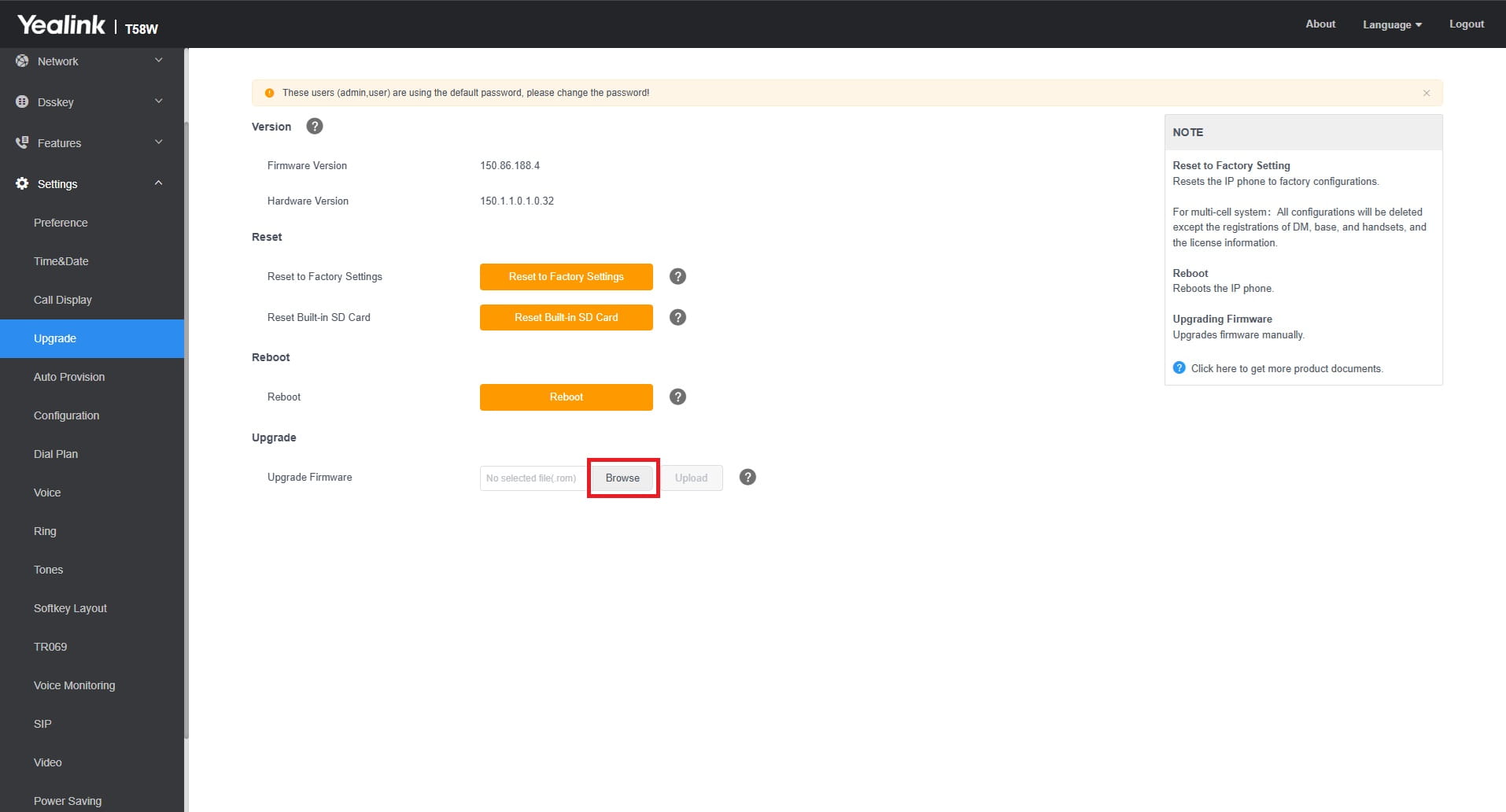 D7A Web interface Settings - Upgrade