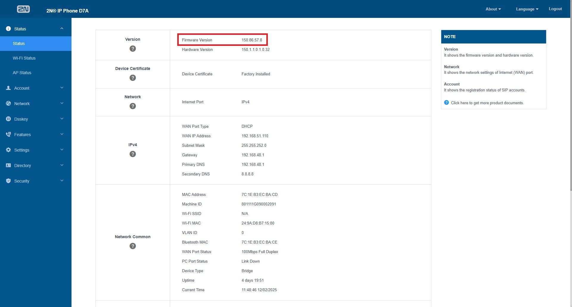 D7A Status page showing the current firmware version marked red