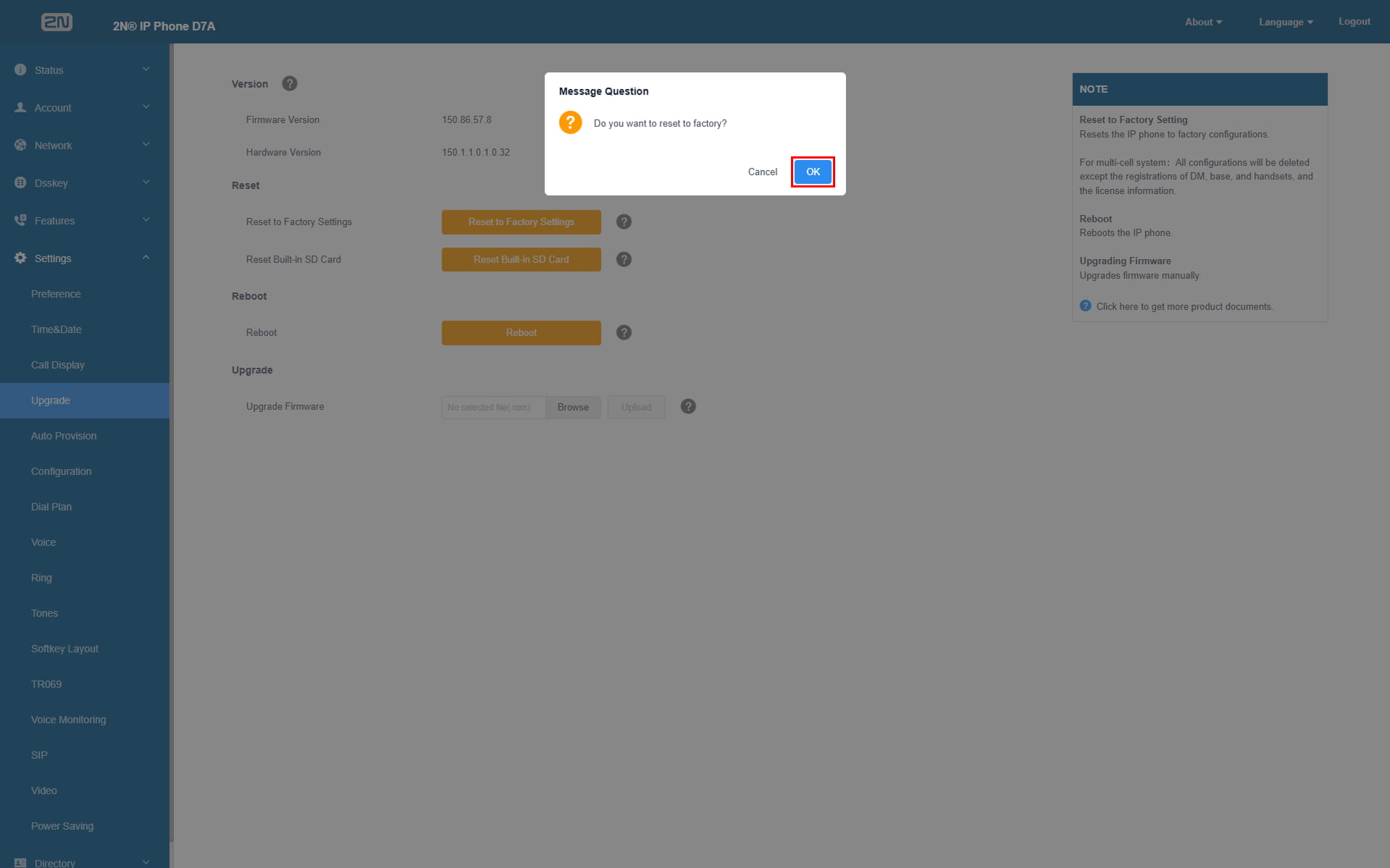 D7A factory reset confirmation