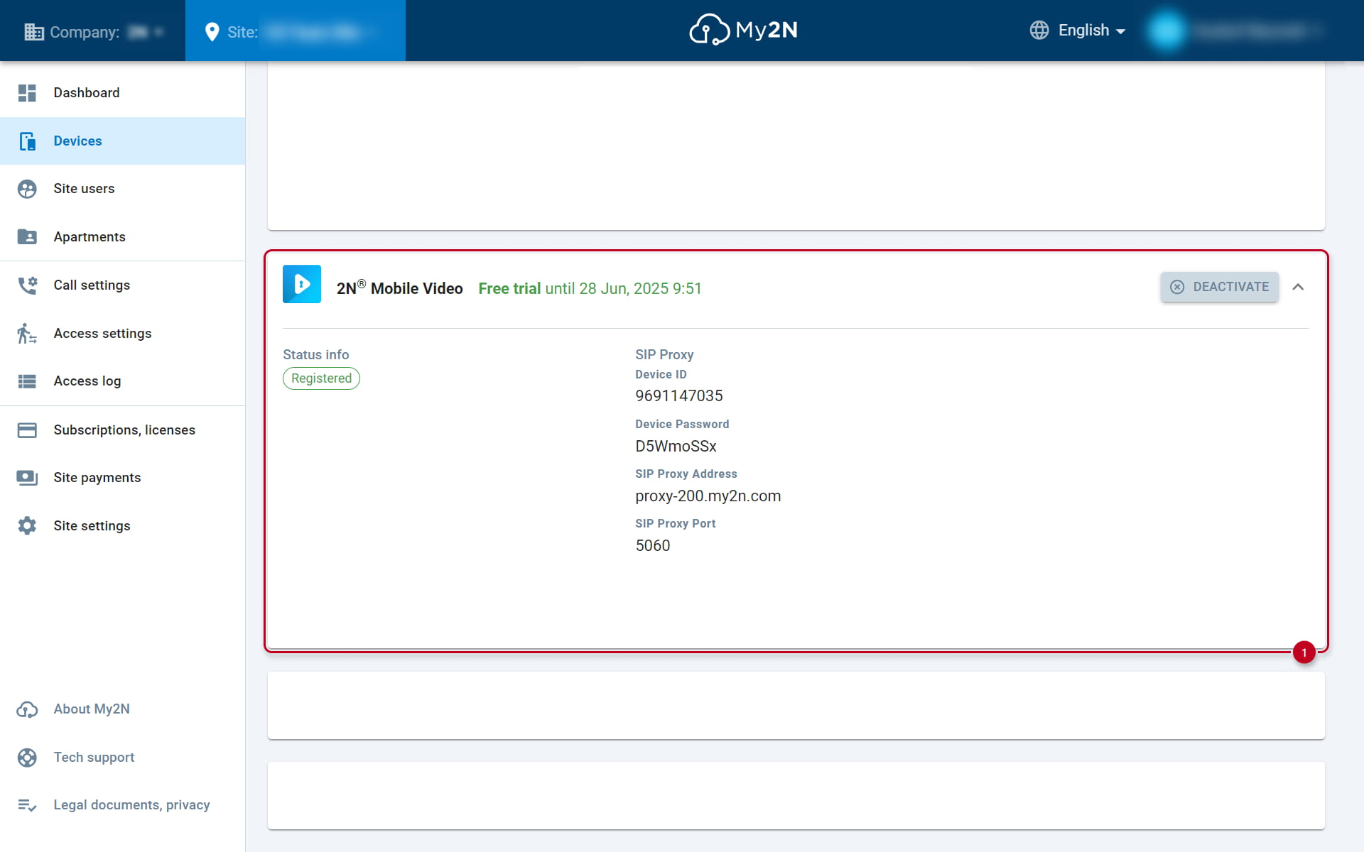 Values provided by My2N after registration of a 3rd party device