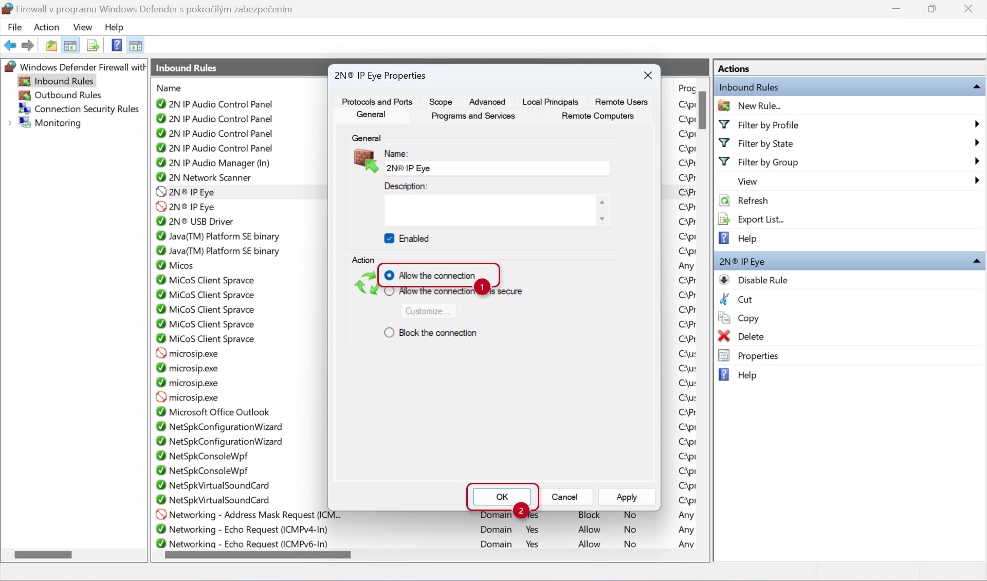 Managing the Windows Firewall rule to enable inbound data from 2N IP Eye