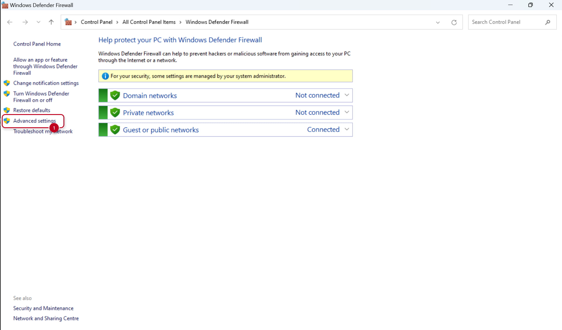 Windows Firewall advanced settings access