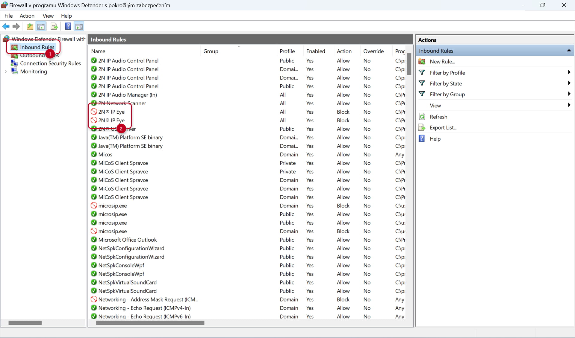 Configuration of inbound rules of Windows Firewall managing the 2N IP Eye