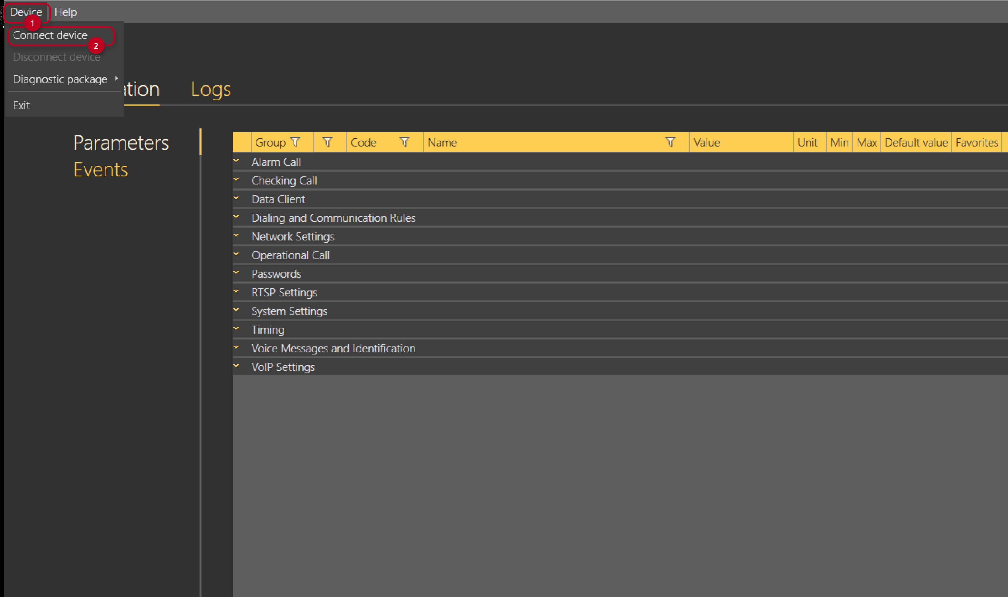 Connecting a device in LiftIP interface