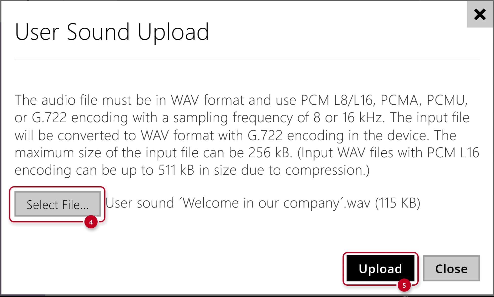 2N IP Intercom - Services - User Sounds - Sound Upload - Select File