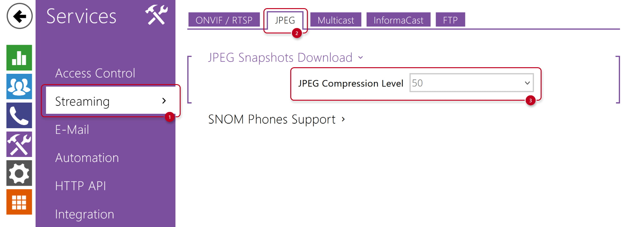 IP intercom - Services - Streaming - JPEG compression level