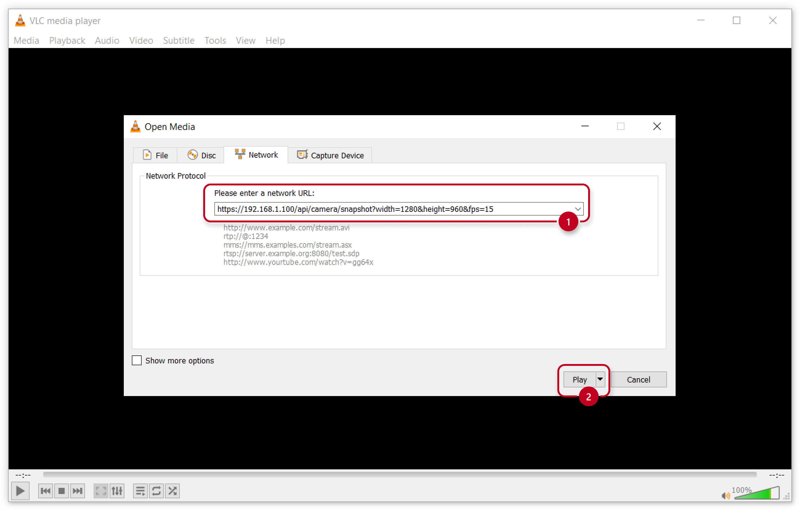 VLC - enter a network URL