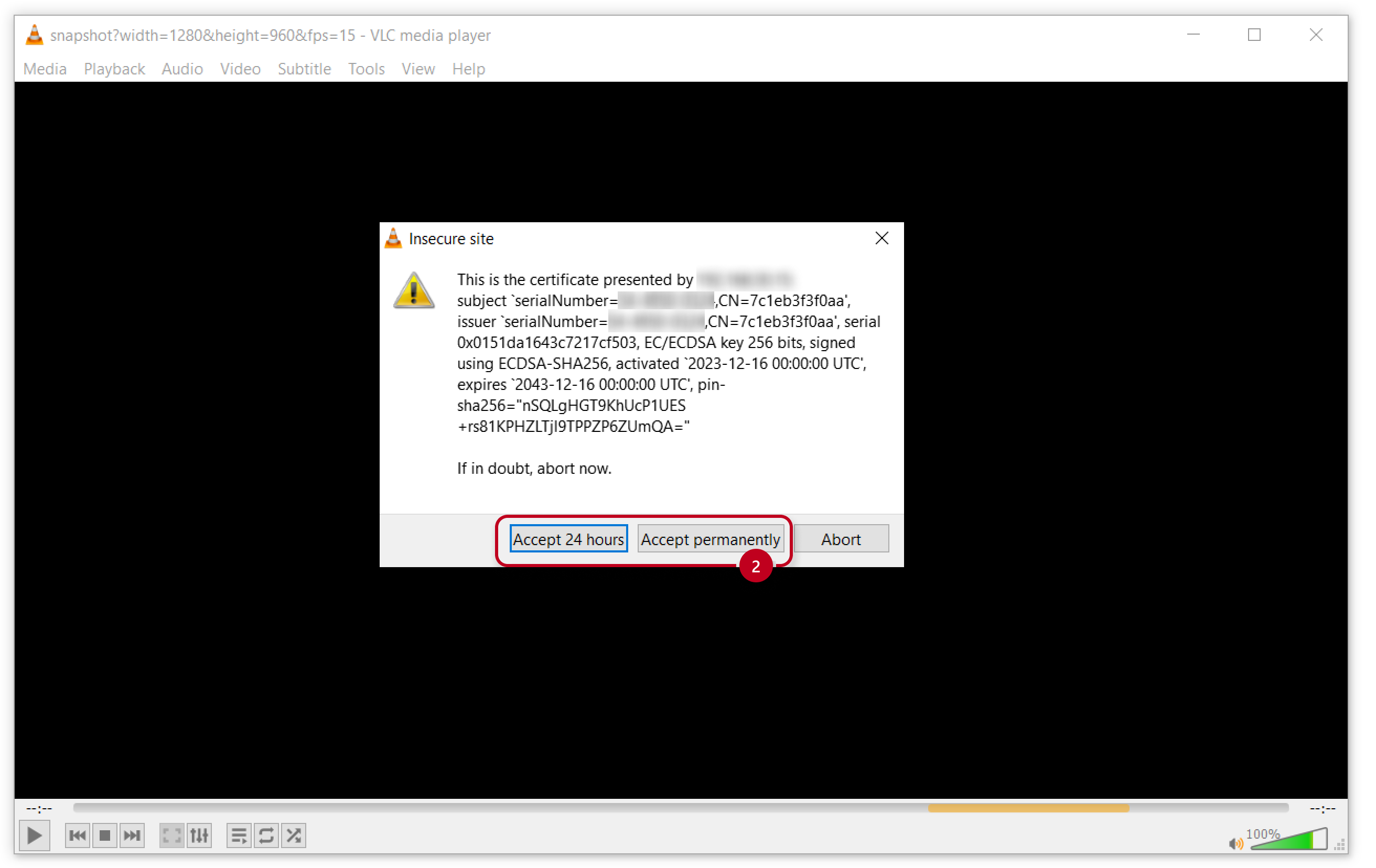 VLC - Insecure site - Accept