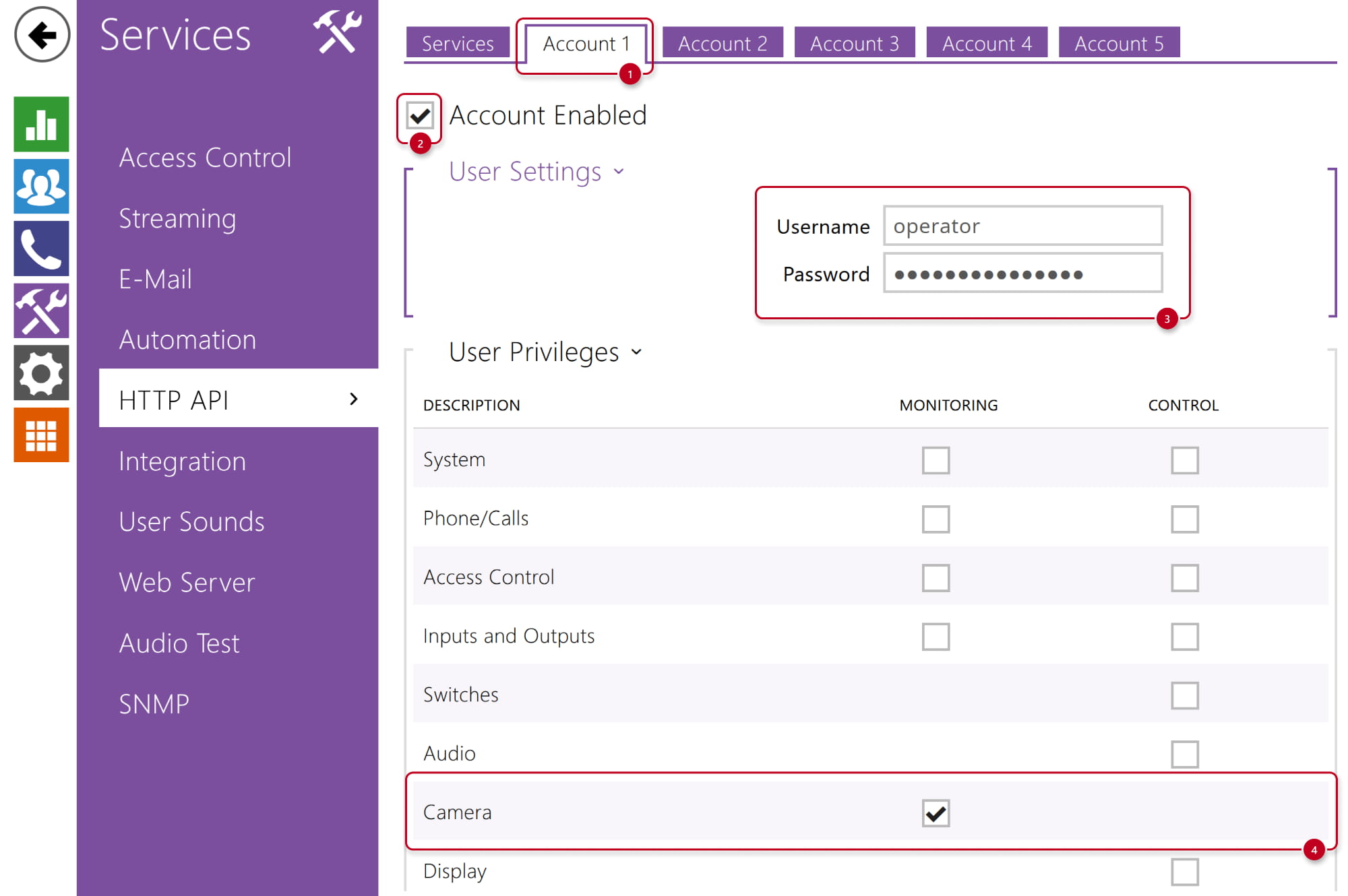 IP intercom - HTTP API - Services - Account with privileges