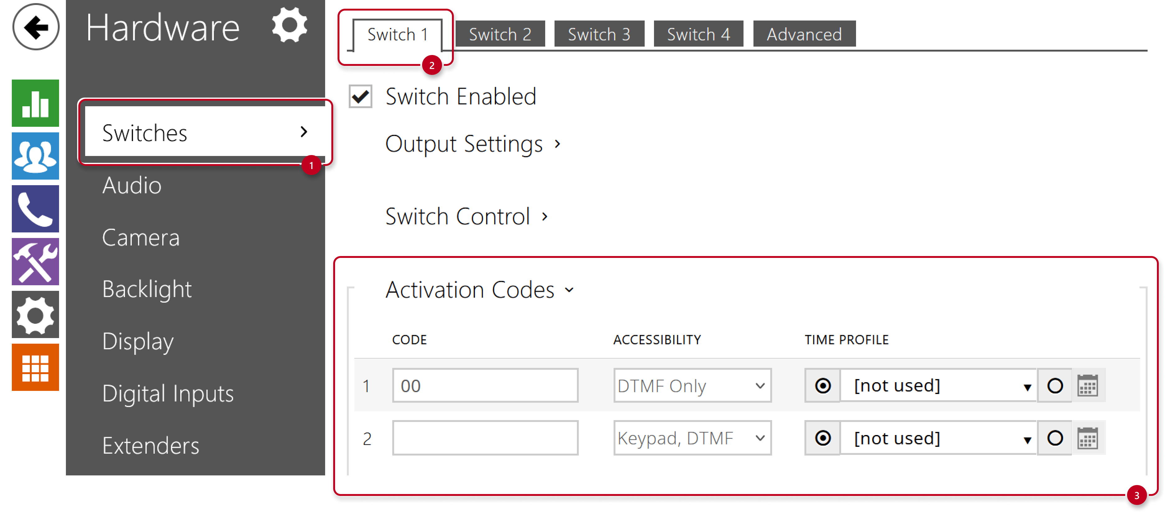 2N IP Intercom - Hardware - Switches - Switch 1 - Switch Codes