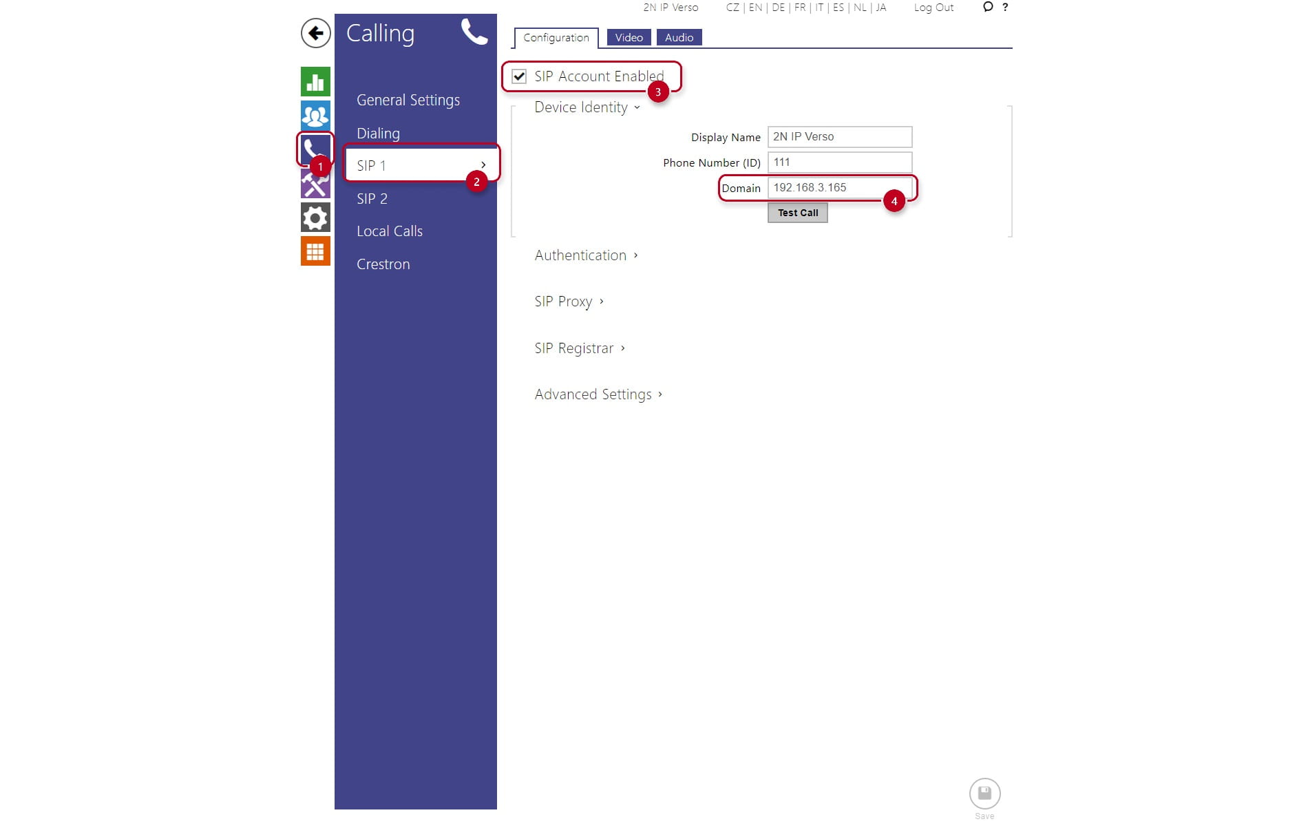 Setting up the SIP 1 account