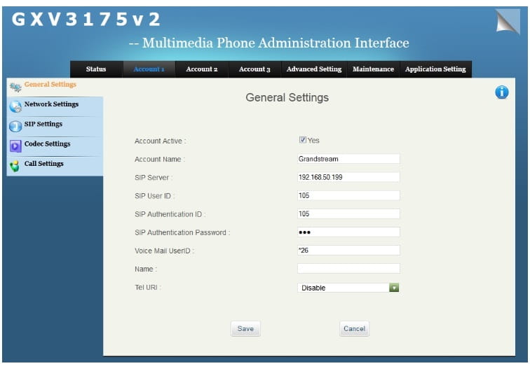 Setting up account 1 on the Grandstream