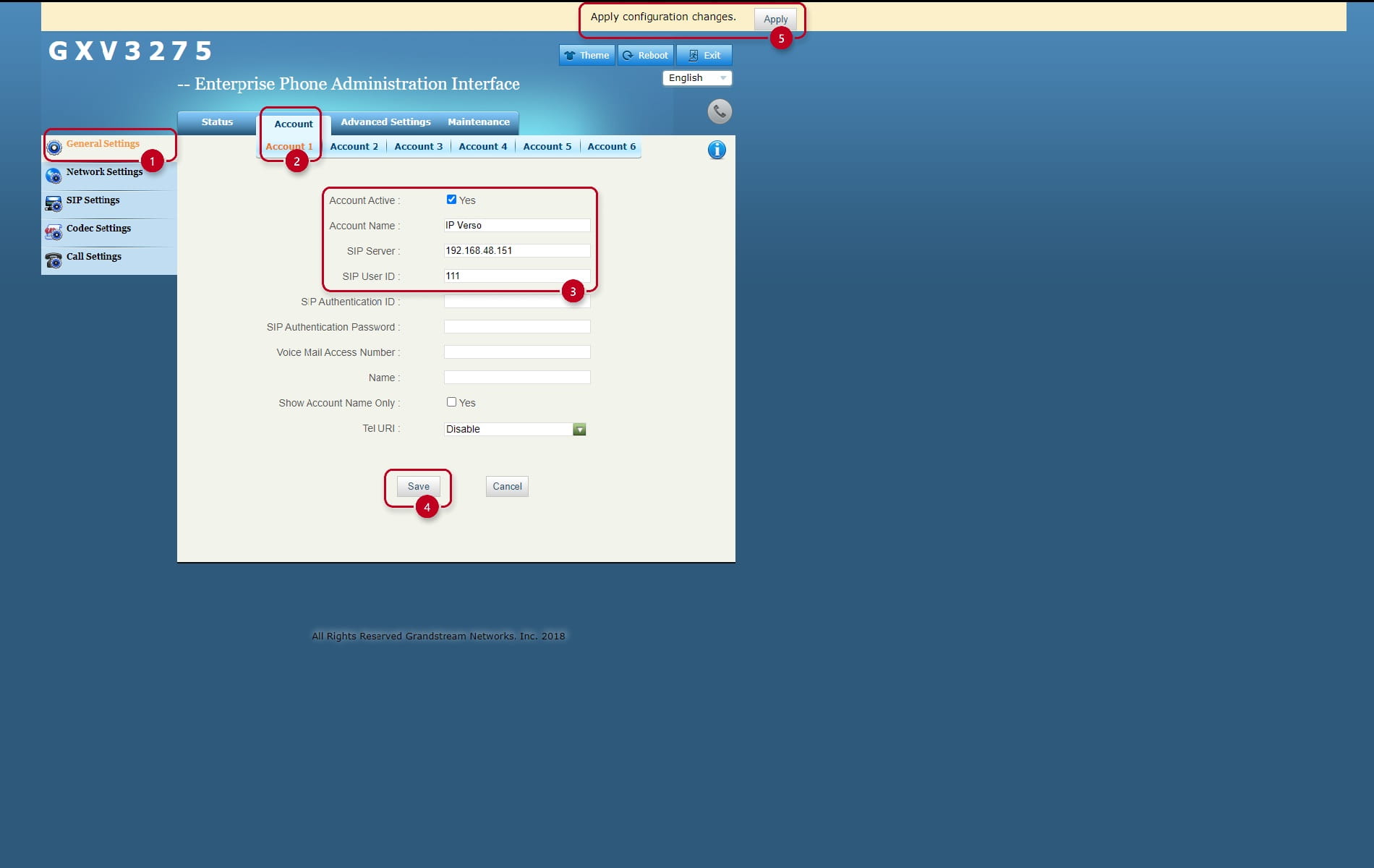 Setting up the Account 1 of the Grandstream