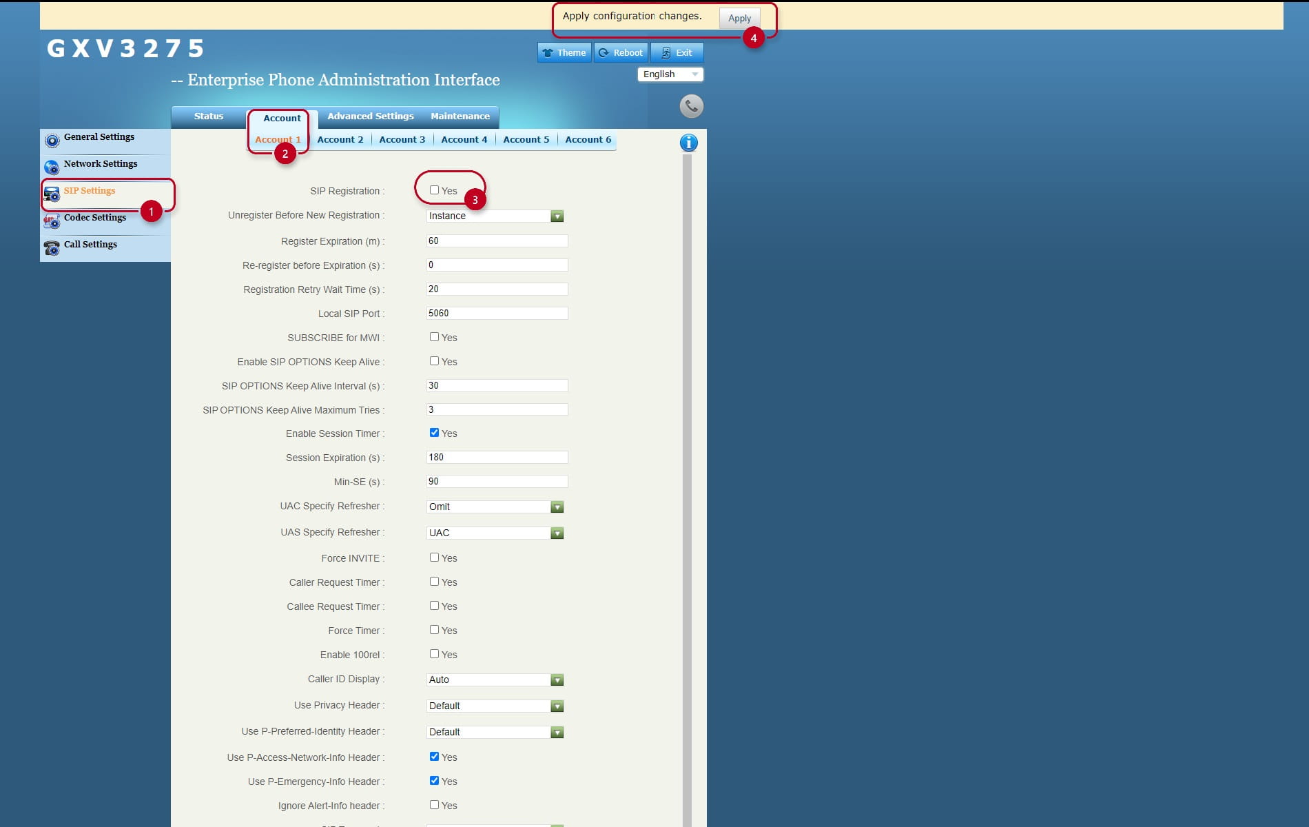 The SIP settings for the account 1