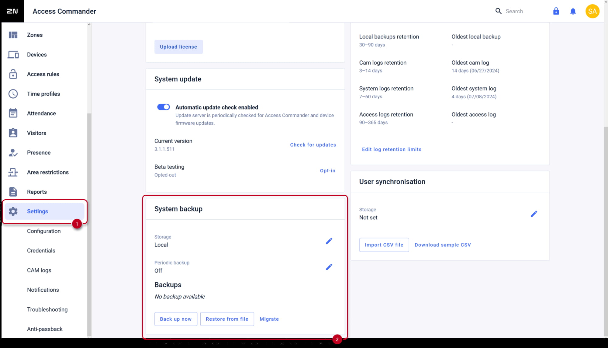 2N Access Commander - Settings - System backup