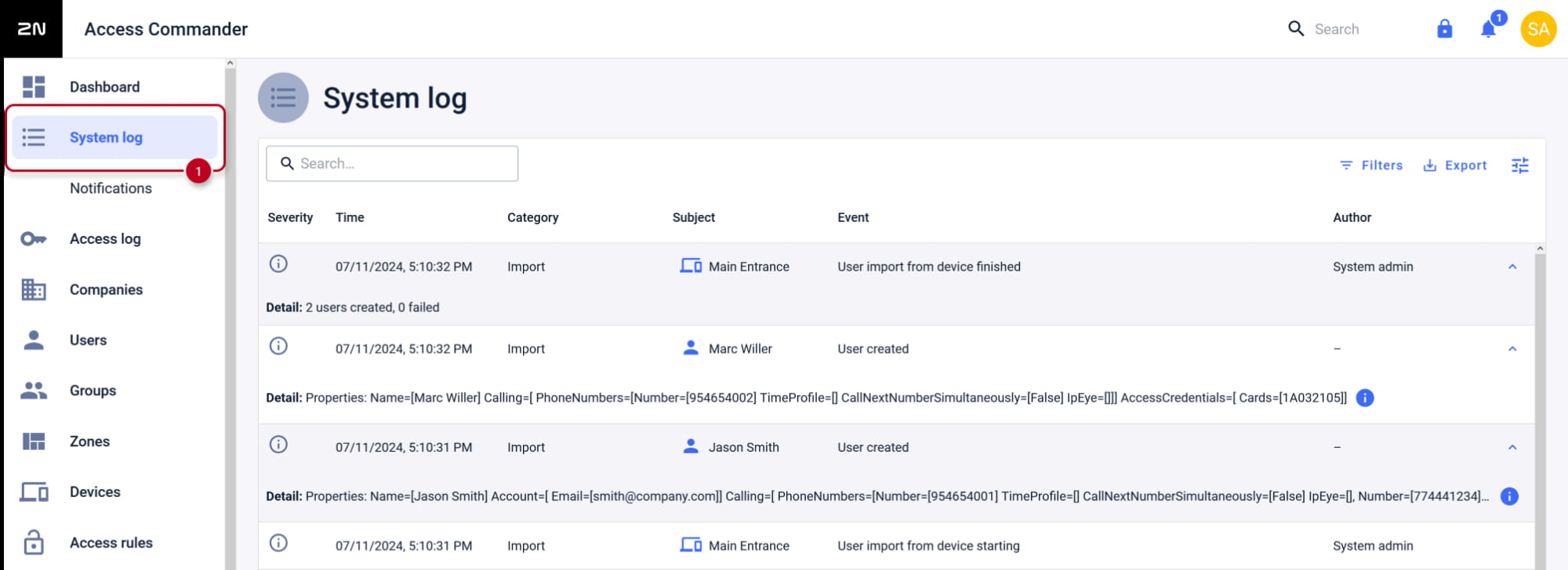 2N Access Commander - System log - User import finished
