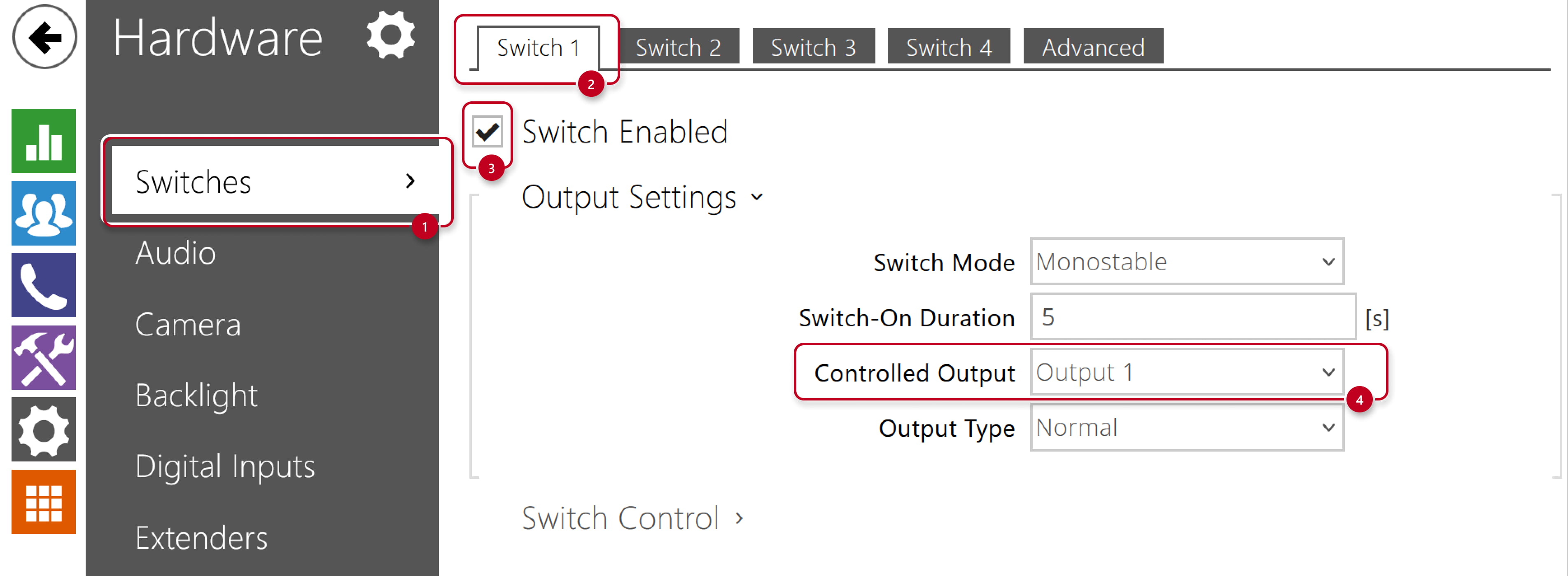 2N IP Intercom - Hardware - Switches - Switch 1 - Enabled and set controlled output 2N IP Intercom - Hardware - Switches - Switch 1 - Enabled and set controlled output