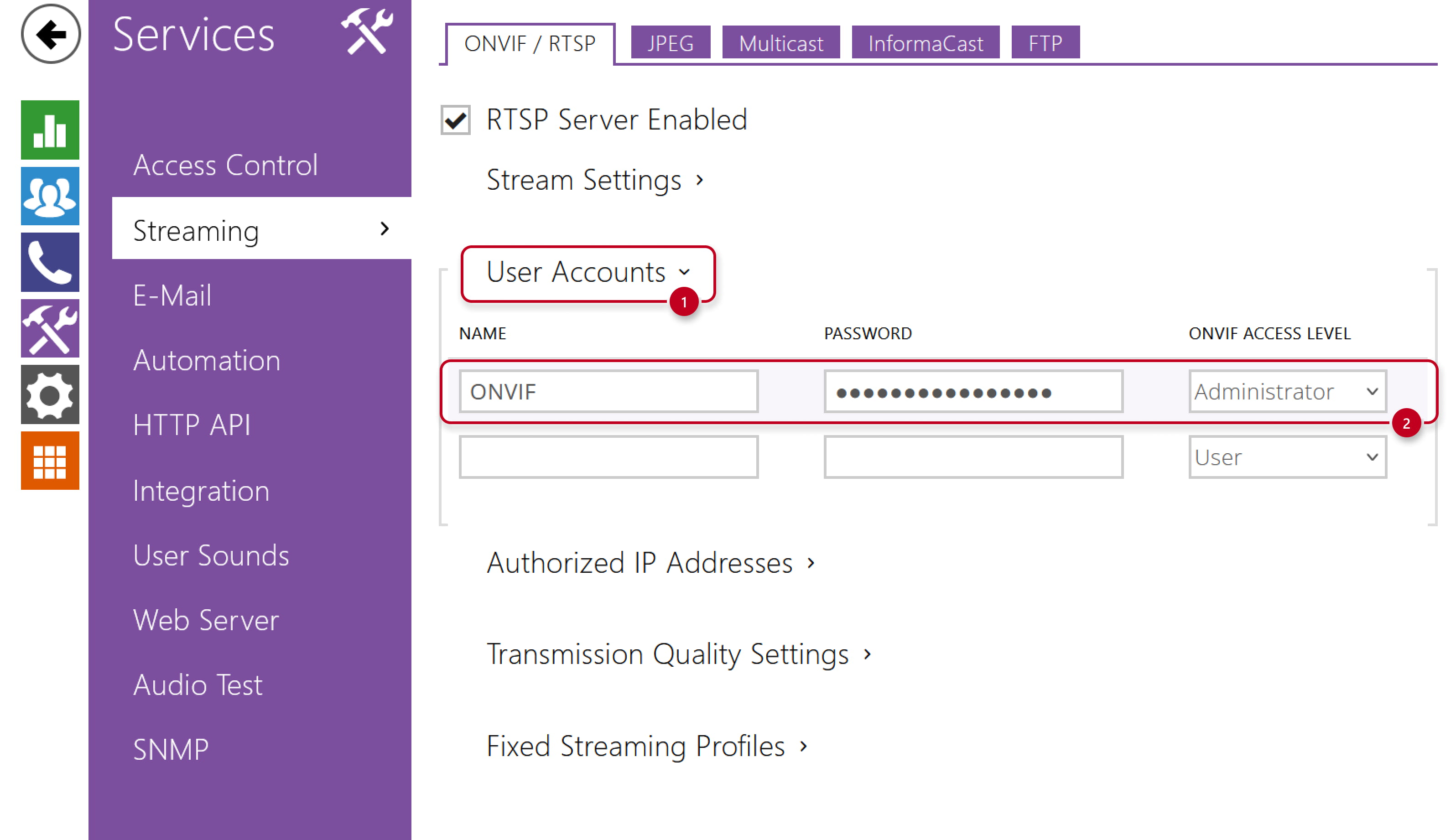 2N IP Intercom - Services - Streaming - ONVIF/RTSP - User account 2N IP Intercom - Services - Streaming - ONVIF/RTSP - User account