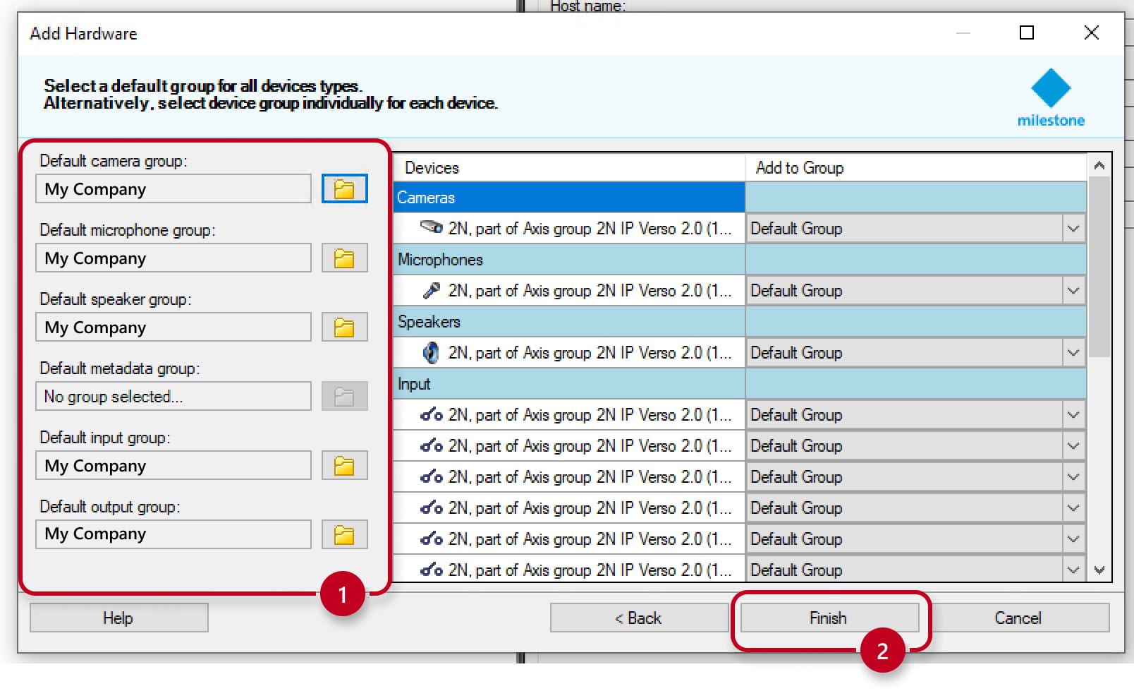 Milestone - Add hardware - Select device groups